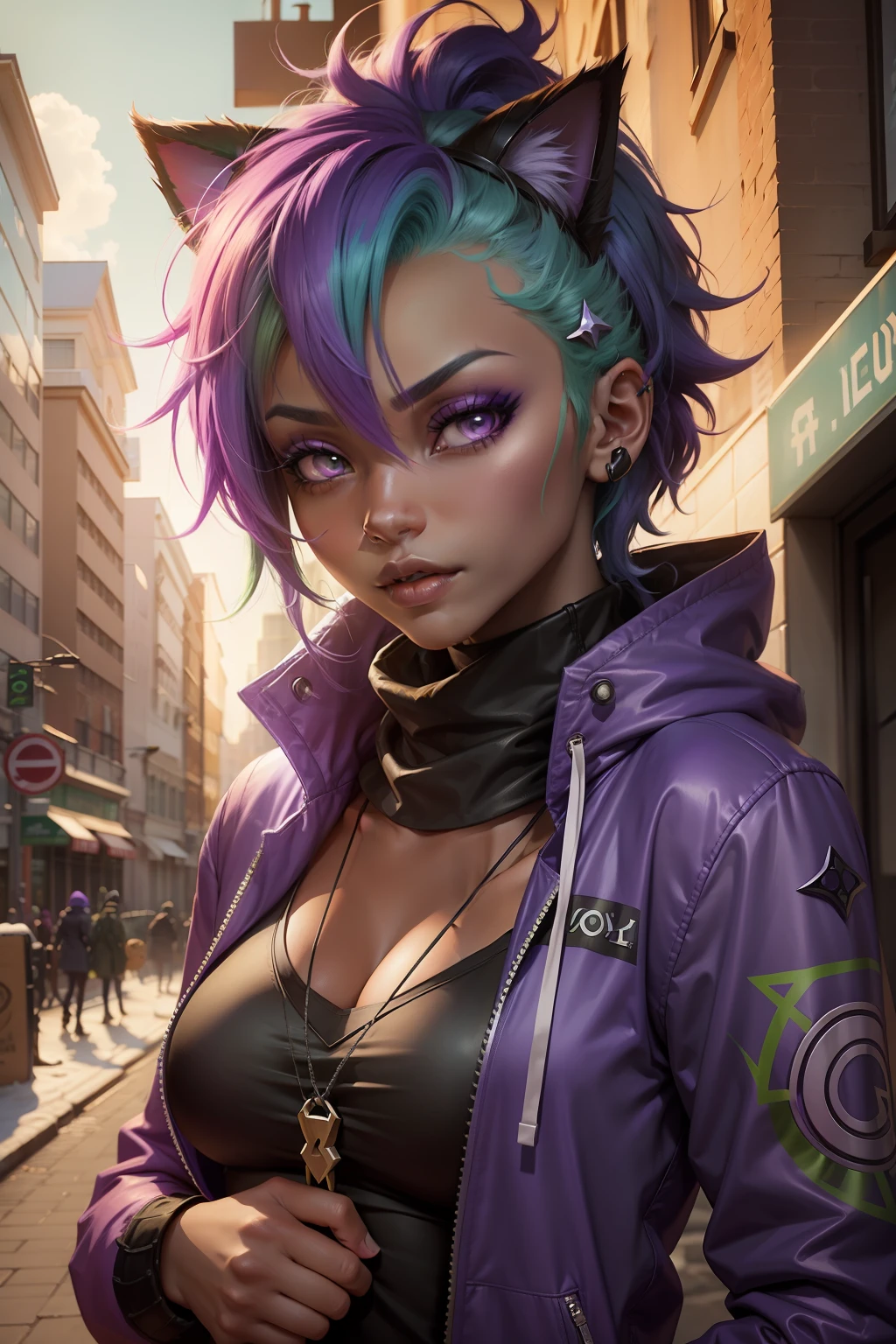 humanized purple and green hair cat, in a cold city in the style of lol character, with purple hair and dark skin