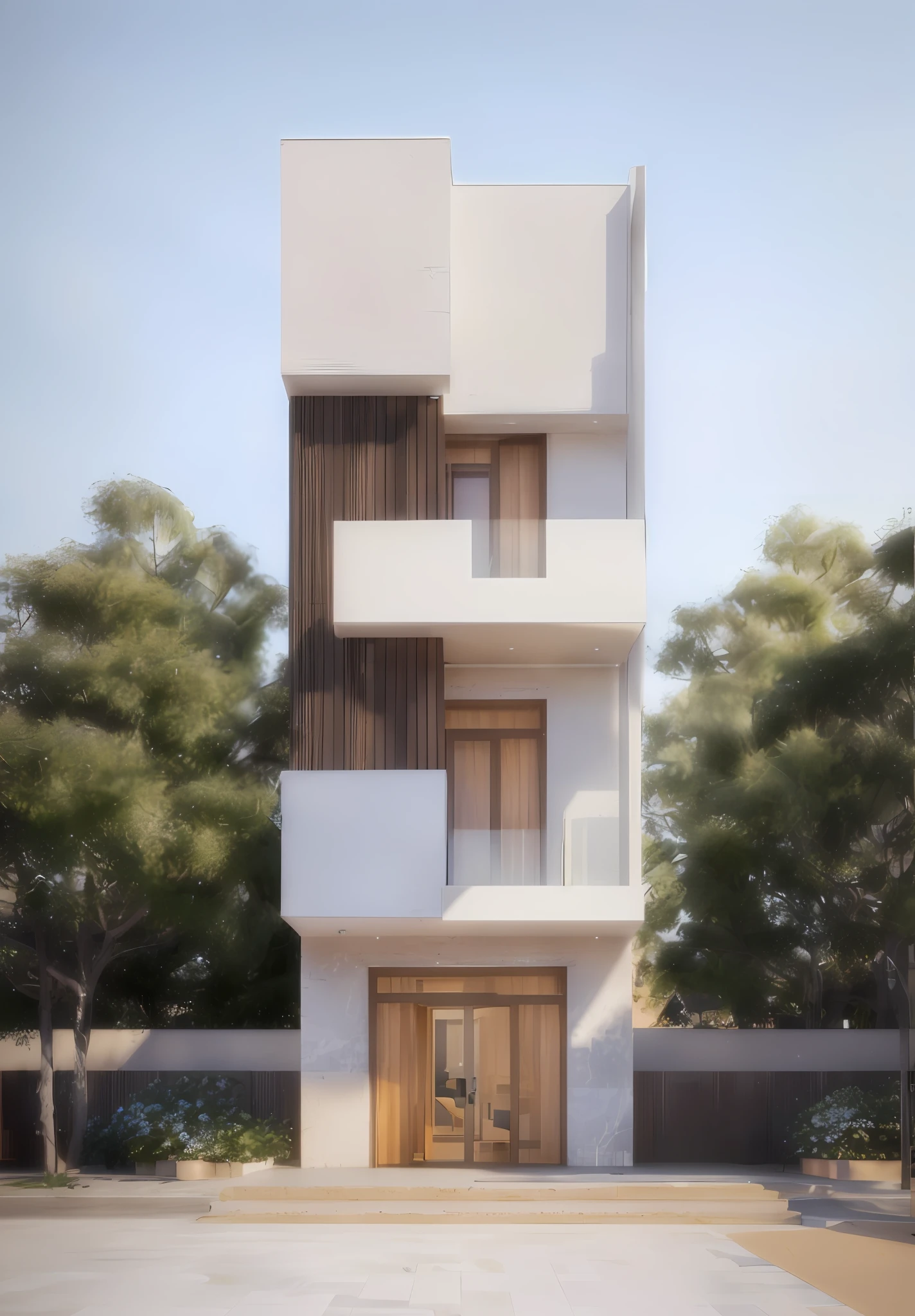 a rendering of a modernslim town house with big glass windows, very realistic 3d render, 3 d vray render, very realistic render,facade elevation view, wide angle exterior 2022, architectural 3 d render, render vray, exterior design, concept house, lumion render, elevation view, professional render, high render, vray render, realistic architecture, Yellow marble stone PRB texture, White plaster PRB 16k textured, asphalt old read, interlock tile  walkway, wood ceiling under balcony, Ray tracing