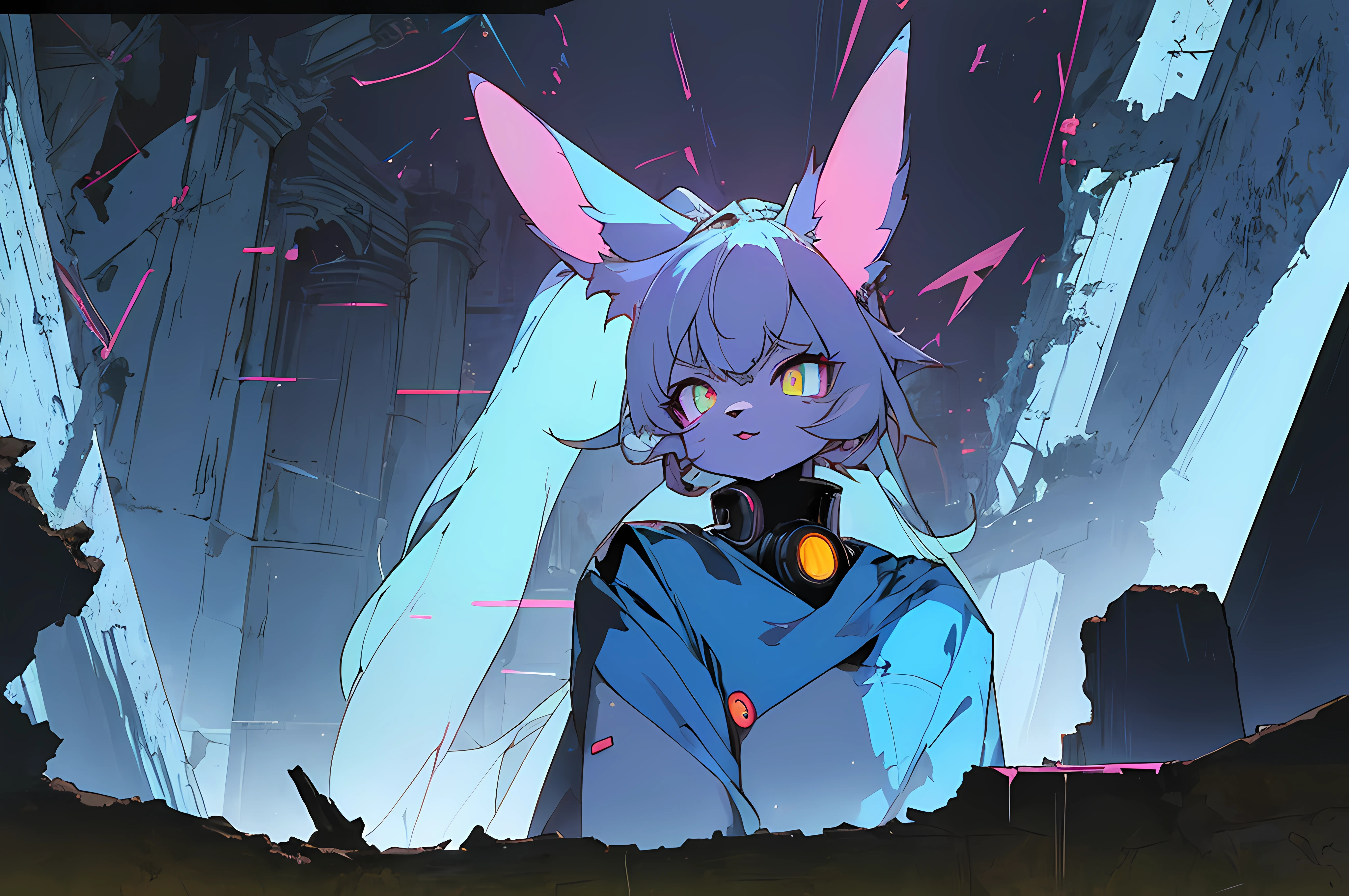 (vintage vhs), (crt screenshot), (((dark scene))), (((dark cloudy scene))), (((angel's egg anime))), (((underground basement scene))), (((unlit nighttime scene))), (((dark abandoned cathedral house))), (((solemn blue anthro kemono furry rabbit exploring old ruins))), (((underground cavern exploring in old ruins))), anime rabbit character with futuristic hair and glowing eyes exploring old ruins, anime art, anime aesthetic, (((old ruins in background cel art))), kemono anime rabbit girl, wearing cybernetic bunny ears, angry female fighter --v6