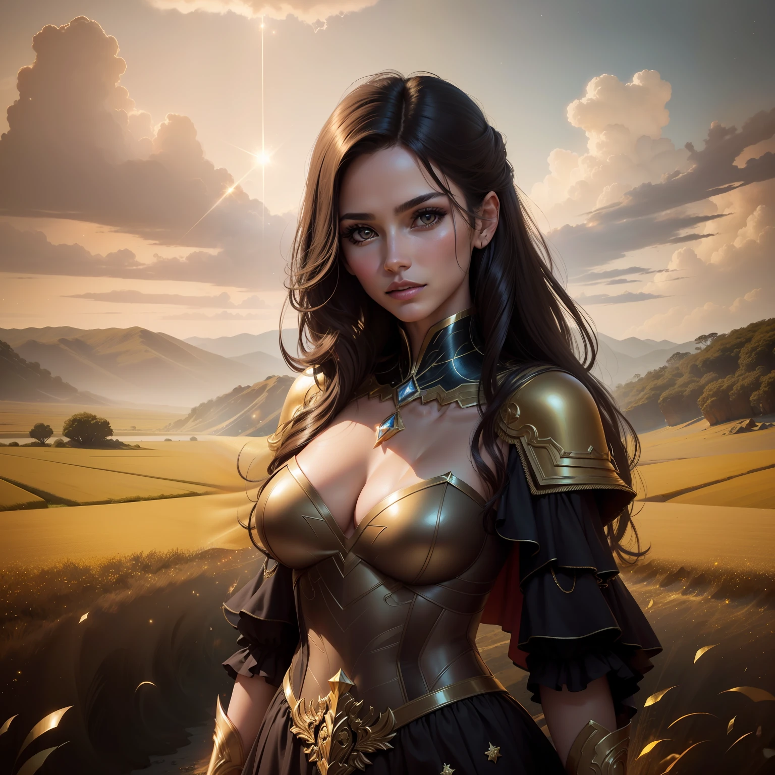 Best quality, delicate face, 33 years old girl, Brazilian brunette,slim body, trained body, golden body, diamond texture body, gold steel cape dragging on the ground, floating among the stars, standing pose