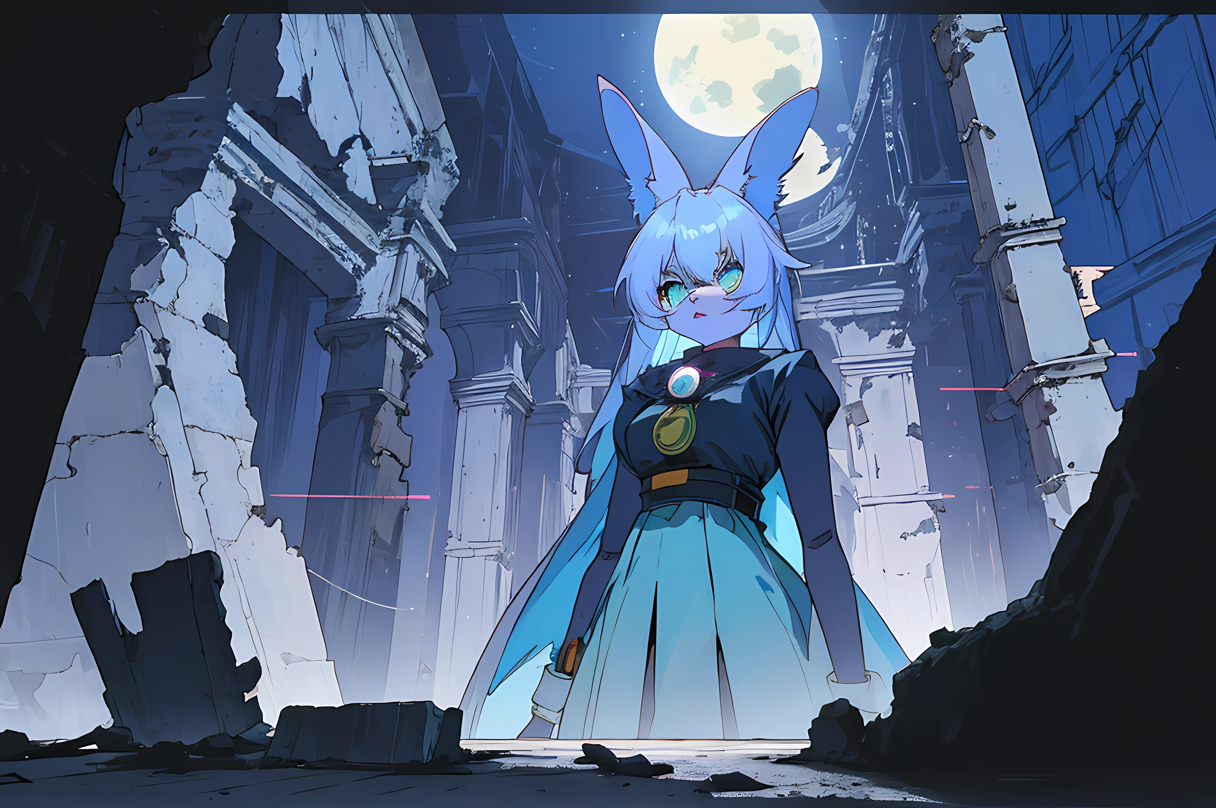 (vintage vhs), (crt screenshot), (((dark scene))), (((dark cloudy scene))), (((angel's egg anime))), (((underground basement scene))), (((unlit nighttime scene))), (((dark abandoned cathedral house))), (((solemn blue anthro kemono furry rabbit exploring old ruins))), (((underground cavern exploring in old ruins))), anime rabbit character with futuristic hair and glowing eyes exploring old ruins, anime art, anime aesthetic, (((old ruins in background cel art))), kemono anime rabbit girl, wearing cybernetic bunny ears, angry female fighter --v6