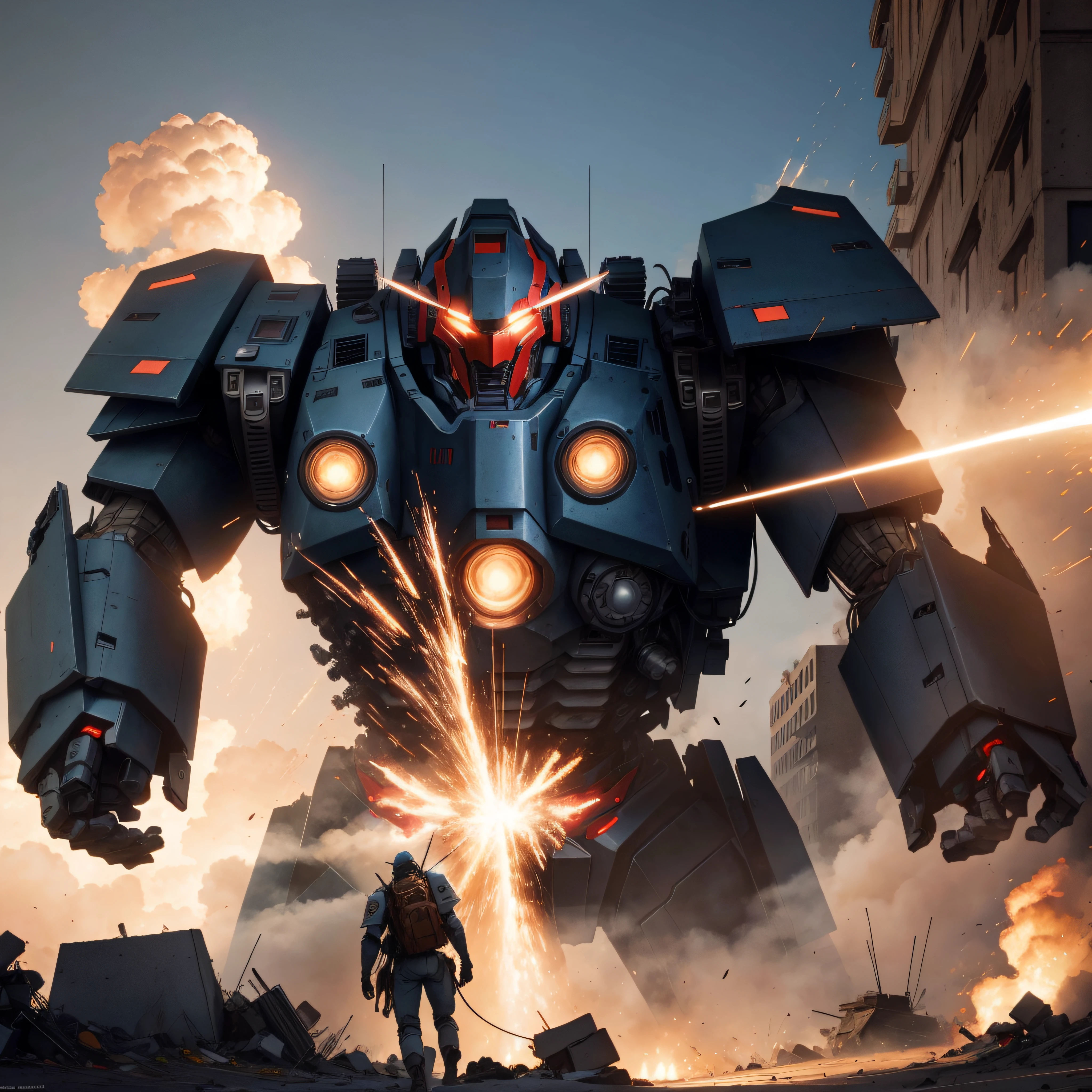 1 giant robot Fighter, heavy mech armor, red and blue painting, damaged, backpack jet ,canons, battle stance , fighting stance, laser beams, dynamic pose, dynamic camera angle, explosions, destroyed city, smokes, fires,
motion blur, depth field,
masterpiece, best quality, (extremely detailed CG unity 8k wallpaper), (best quality), (best illustration), (best shadow), absurd res, realistic lighting, beautiful detailed glow