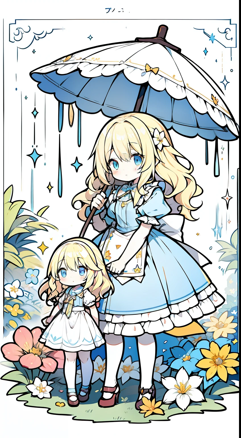 Sun umbrella、alice in the wonderland、yellow hair、light blue eyes、cute little、Wavy hair、Alice in Wonderland Costume、flower garden
