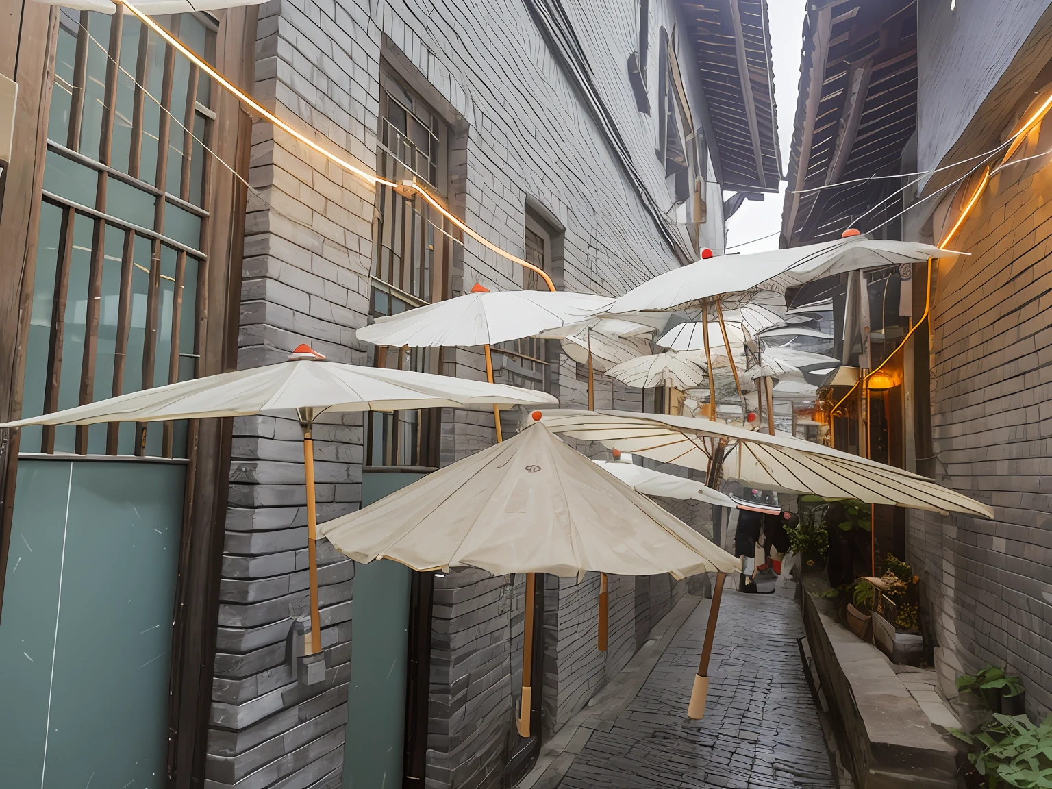 Many umbrellas hang from the sides of the building, in a narrow chinese alley, Umbrellas, narrow and winding cozy streets, parasols, dreamy Chinese towns, zhouzhuang ancient town, people with umbrellas, peaked wooden roofs, alleys, Chinese architecture, ancient city streets behind her, Ancient Chinese architecture, mushroom umbrella, raining outside the cafe, shady alleys