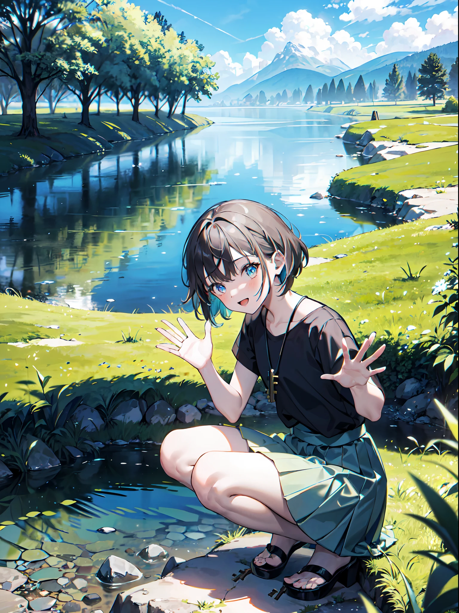 1girl,outdoors,crouching on land next to small brook,(Reaching out to pick up a small key on the ground:1.2),Waving,crystal clear water,summer top and skirt,Elegant outfit,identical eyes,grass,rural town,colorful,cheerful,high quality,best quality,Excellent quality,accurate anatomy,Very detailed,Highly detailed,Amazingly detailed,absurdres,highres,4K,8K,everything to scale,