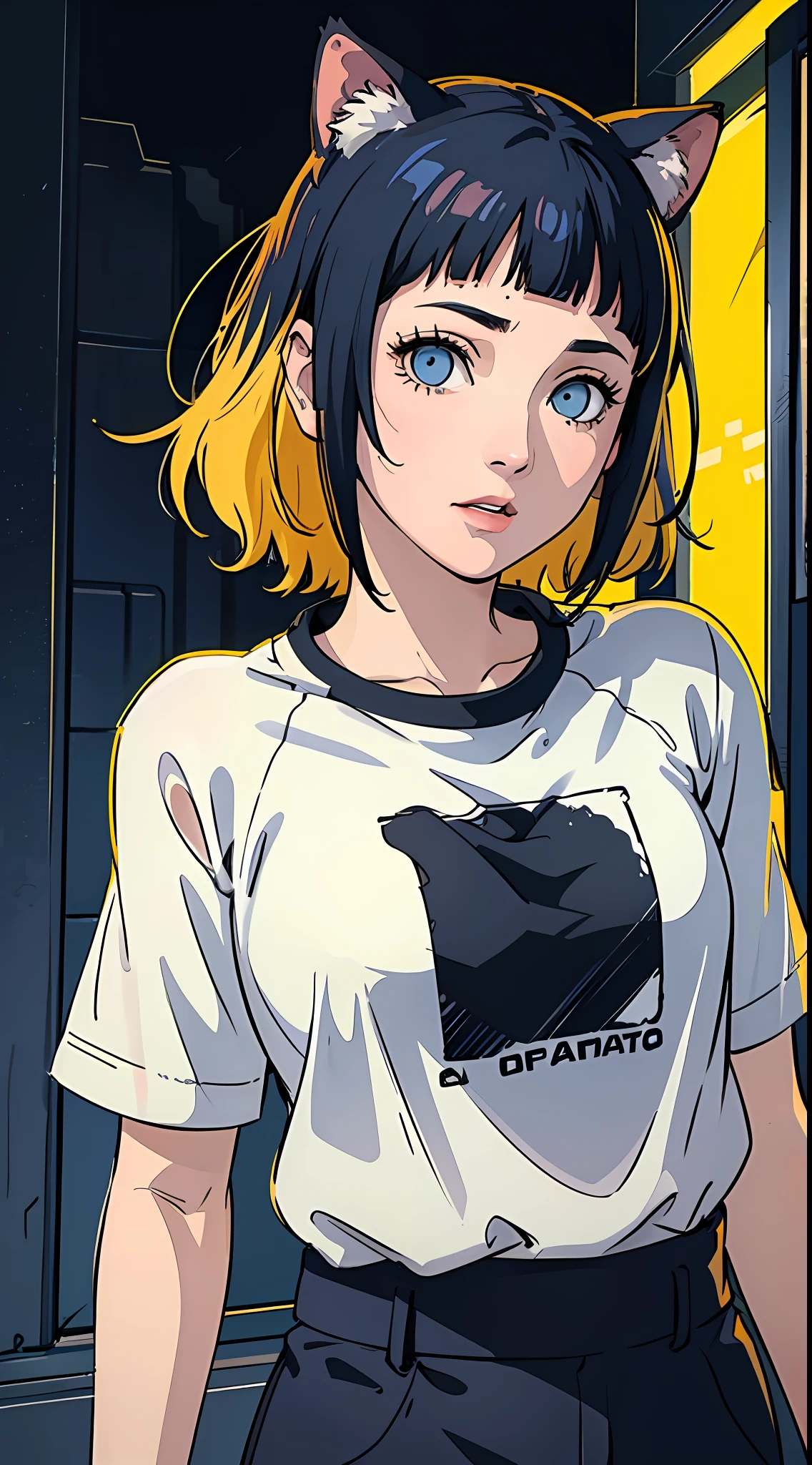 master part, fundo plano, sem antecedentes, corpo inteiro, Standing, Menina de orelha de gato um, sozinho, fofo, Capuz laranja oversized, camiseta, seven-quarter length pants, Retrato de 50mm, delicate features, semi-realista, foco nítido, Super Detalhe, Absurdidade, profundidade de campo, neon light