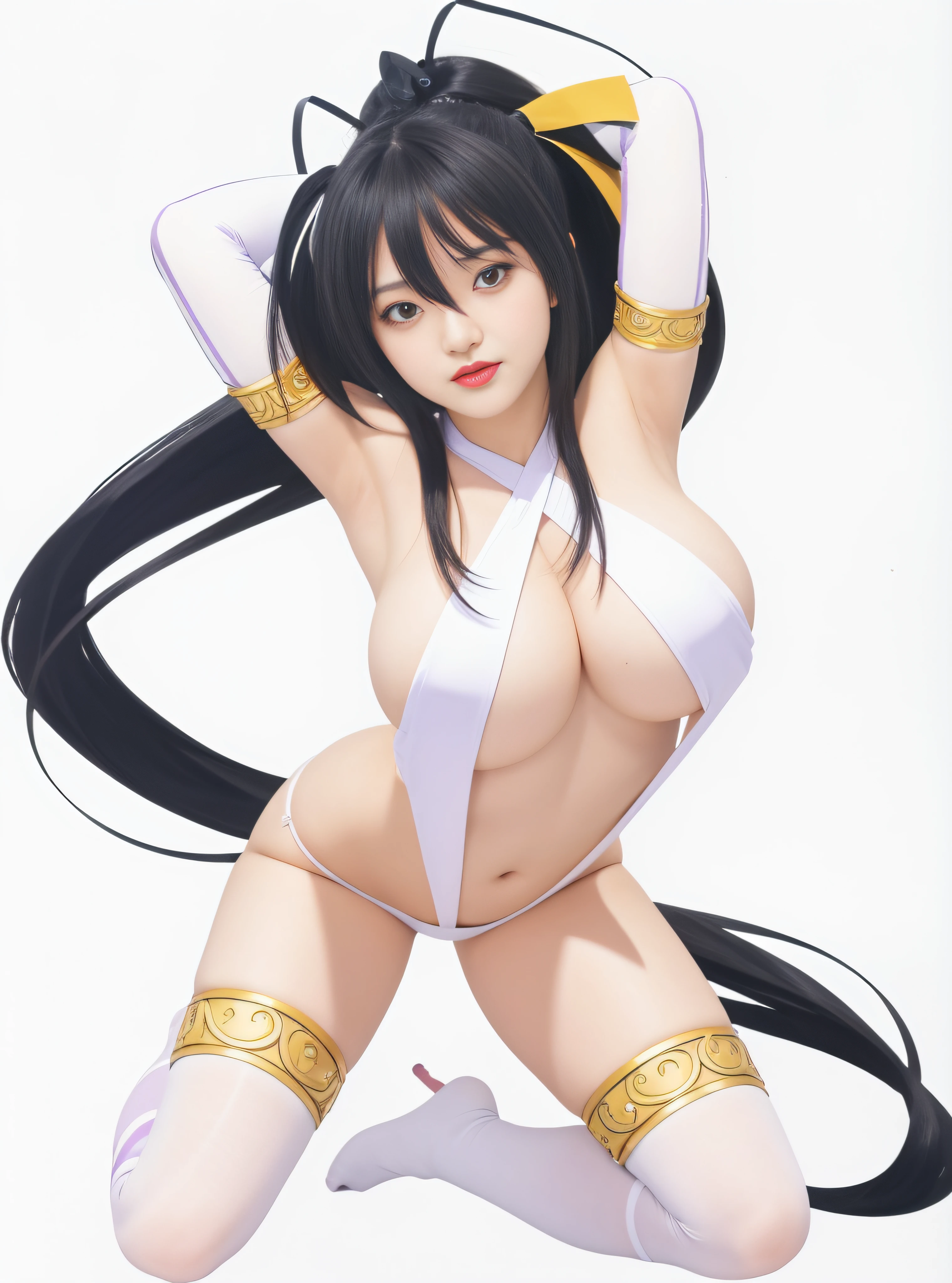 A woman in a white and purple outfit is posing, anime sedutora, deusa anime, twintails branco_Luvas, Hestia, Aqua, Konosuba, negao, Mayuri Shiina, Estilo Anime Ecchi, Oppai, Personagem de anime feminino, Preto - Mago Cabelo, Directed by: Jin Homura, Yuri Misaki, Rei Hiroe