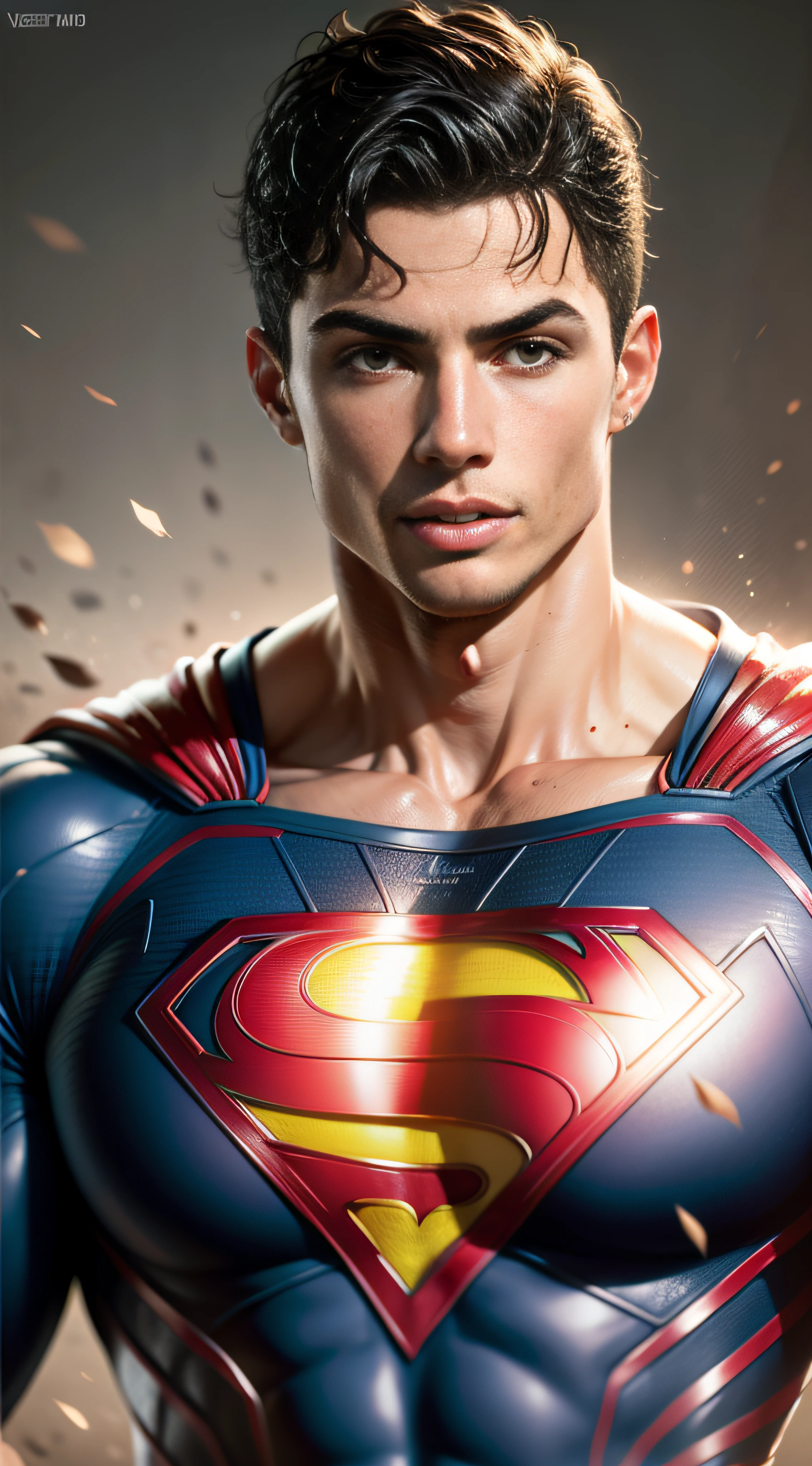 Cristiano Ronaldo is Superman , personagem solo , vestimenta do Superman , corpo definido , olhar fixo , Perfect setting , sem erros e deformidades , perfect resolution , obra prima