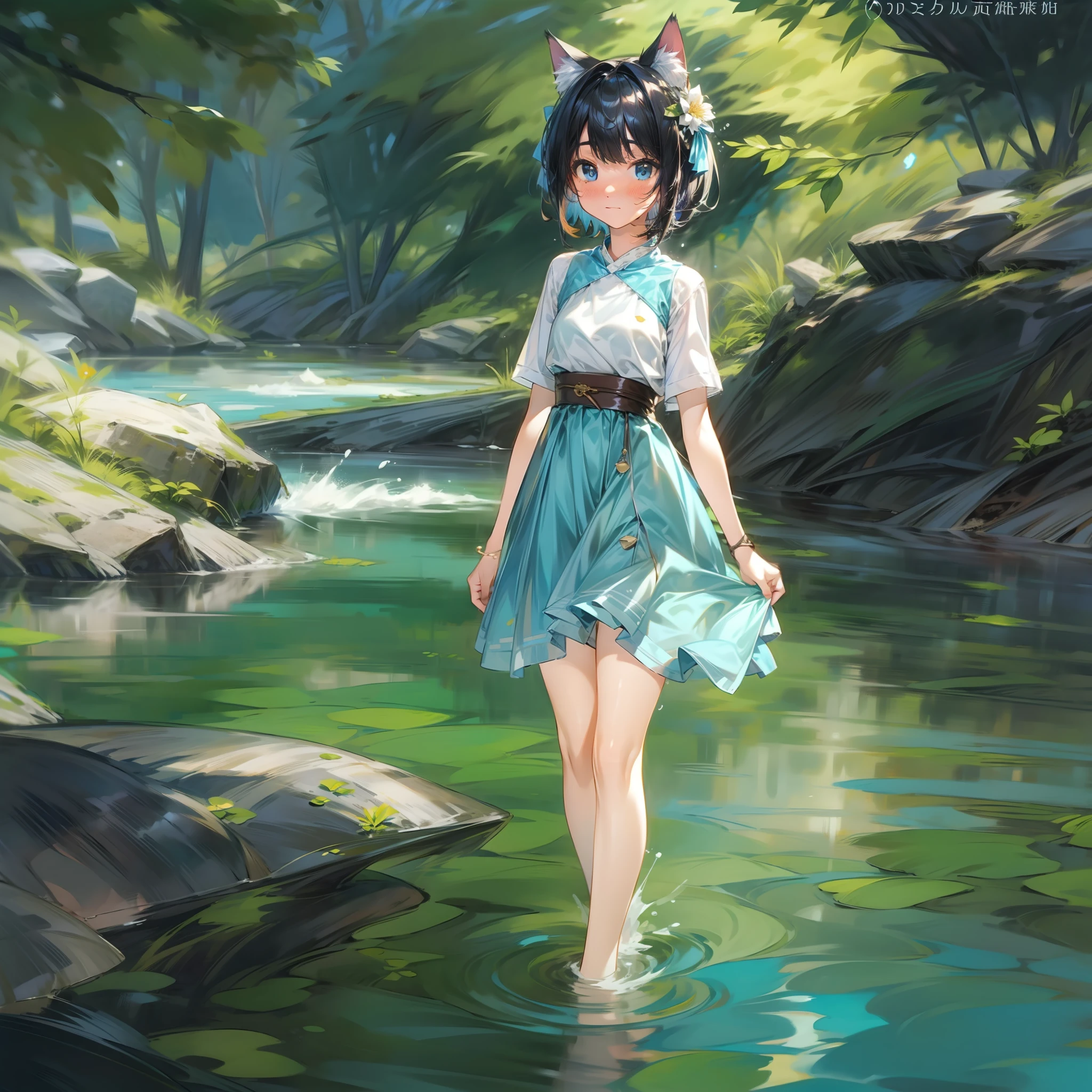 Subject is a young woman with cat ears drawn in 8K resolution。Her black hair is a short cut、The inner color is reflected on the surface of the clear stream.、It is vividly projected。Cat ears show how they feel a pleasant coolness。Her outfit is a light summer dress suitable for summer、Standing on the riverbank barefoot。

She's cool because、On the banks of clear streams in the mountains。The clear stream is transparent、You will see fish swimming。The riverbank is littered with large rocks and smooth pebbles、Lush trees surround it。The wind blows up from the river、I'm lightly swaying her dress。

The overall color tone is、The blue of the clear stream and the surrounding greenery、And the bright colors of her dress combined、It depicts a refreshing summer landscape.。8K resolution、Her cool look、Dress texture、The clear stream and even the details of the surrounding nature are clearly depicted.。

Her facial expressions and posture are、Enjoy the coolness of the clear stream.、That comfort gives the whole work a sense of coolness and peace.。Her refreshing time in the clear stream、It gives the whole piece a calm and pleasant atmosphere。