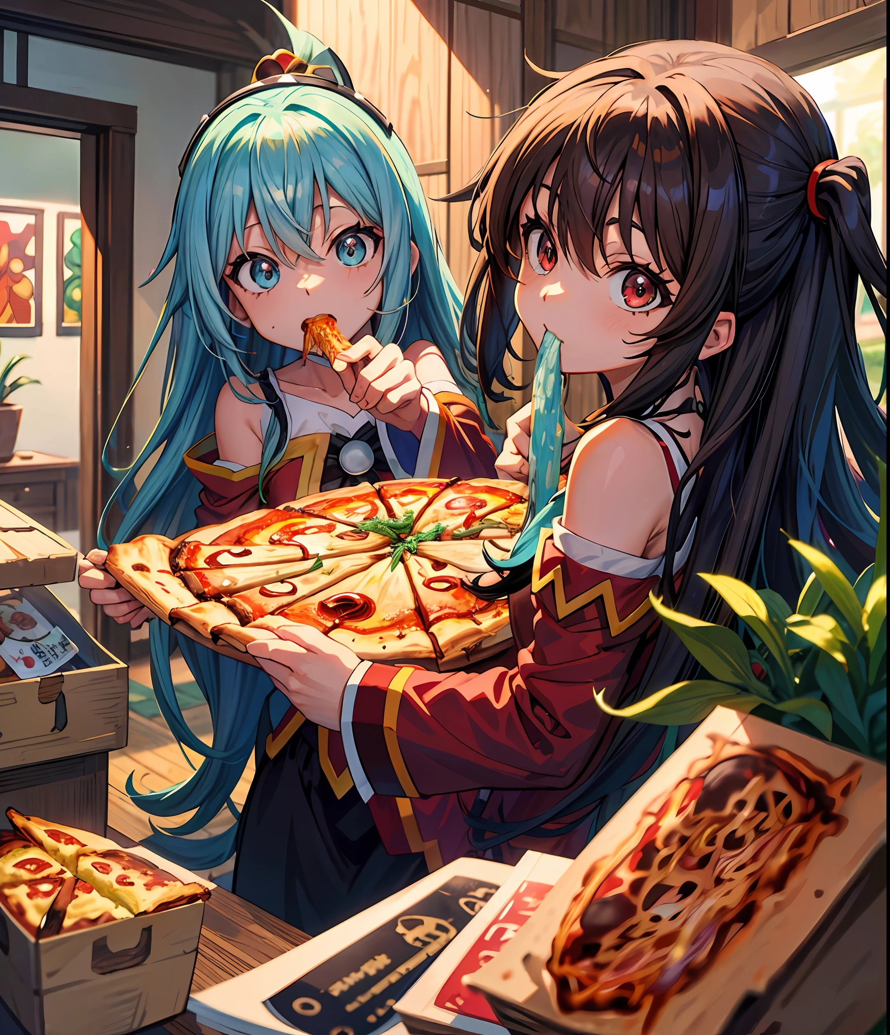 (melhor qualidade: 1.4), anime konosuba, aqua (cabelo longo) e megumin (pequena, cabelo curto) em casa comendo pizza juntas, beautiful hands