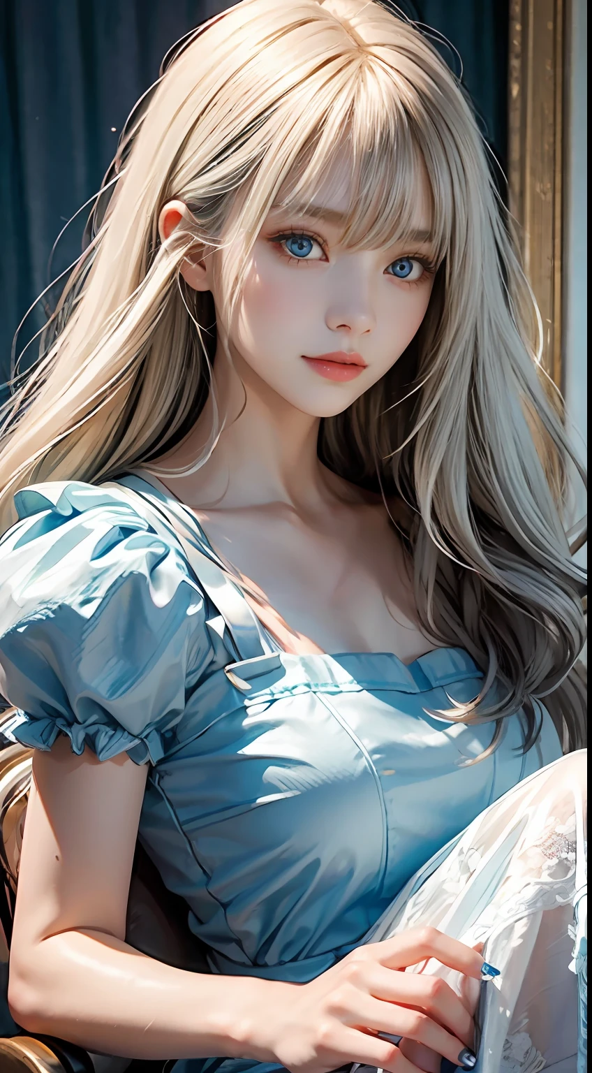 bright expression、Foto realism、top-quality、超A high resolution、A picture、Delicate and beautiful photo of Nordic born girl、Extraordinary beautiful girl、Detailed cute and beautiful face、(PureErosFace_V1:0.008)、beautiful bangs、alice in the wonderland、18yr old、shiny white shiny skin、Facial hair、Bangs that extend to the face、bangs between eyes、Super long hair、Attractive light and dark platinum blond extra-long straight and silky hair、finer hair、Charming glowing beauty bright clear clear light blue big eyes、White apron、Yellow dress、eyes liner、Double eyelids、Lush bust