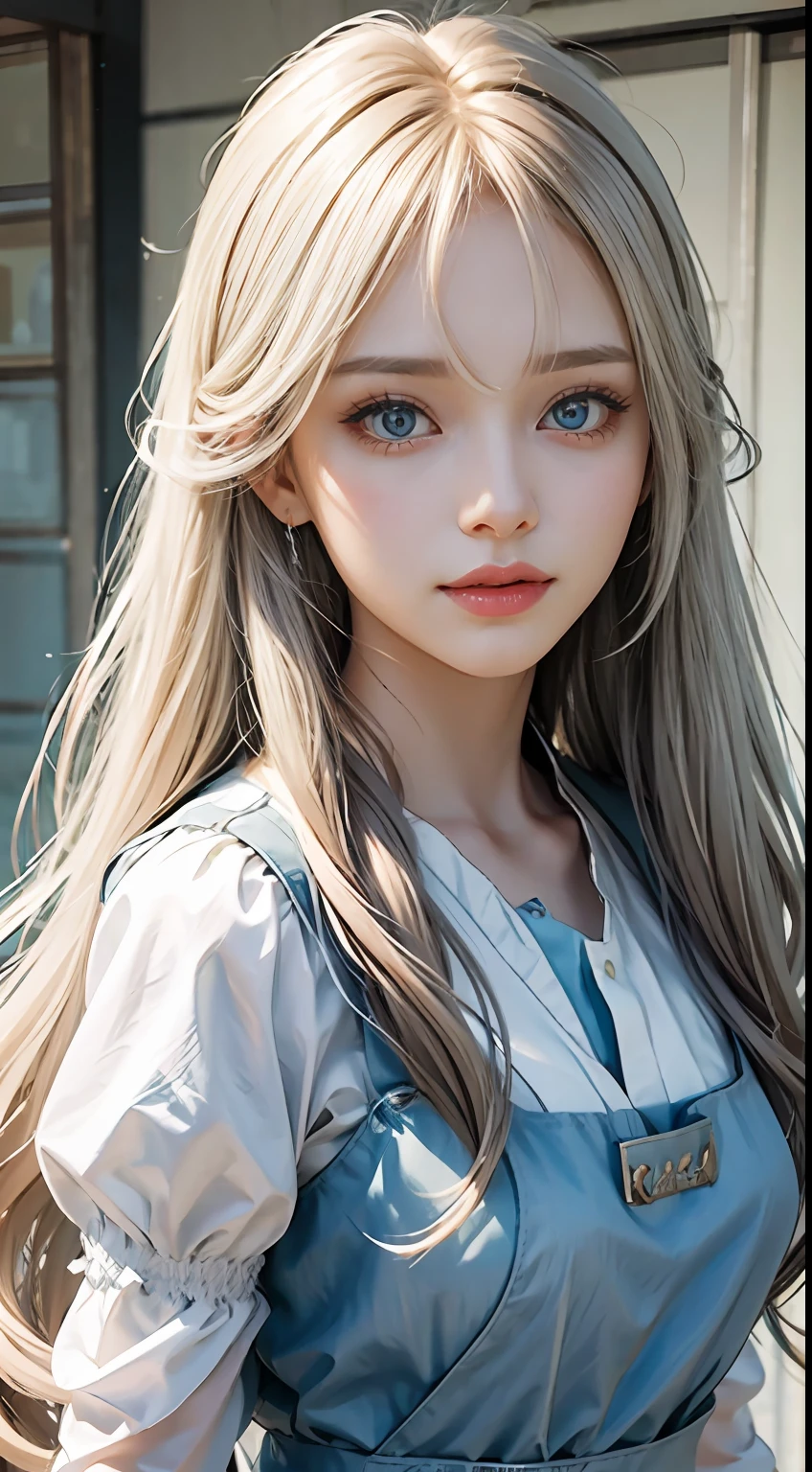 bright expression、Foto realism、top-quality、超A high resolution、A picture、Delicate and beautiful photo of Nordic born girl、Extraordinary beautiful girl、Detailed cute and beautiful face、(PureErosFace_V1:0.008)、beautiful bangs、alice in the wonderland、18yr old、shiny white shiny skin、Facial hair、Bangs that extend to the face、bangs between eyes、Super long hair、Attractive light and dark platinum blond extra-long straight and silky hair、finer hair、Charming glowing beauty bright clear clear light blue big eyes、White apron、Yellow dress、eyes liner、Double eyelids、Lush bust