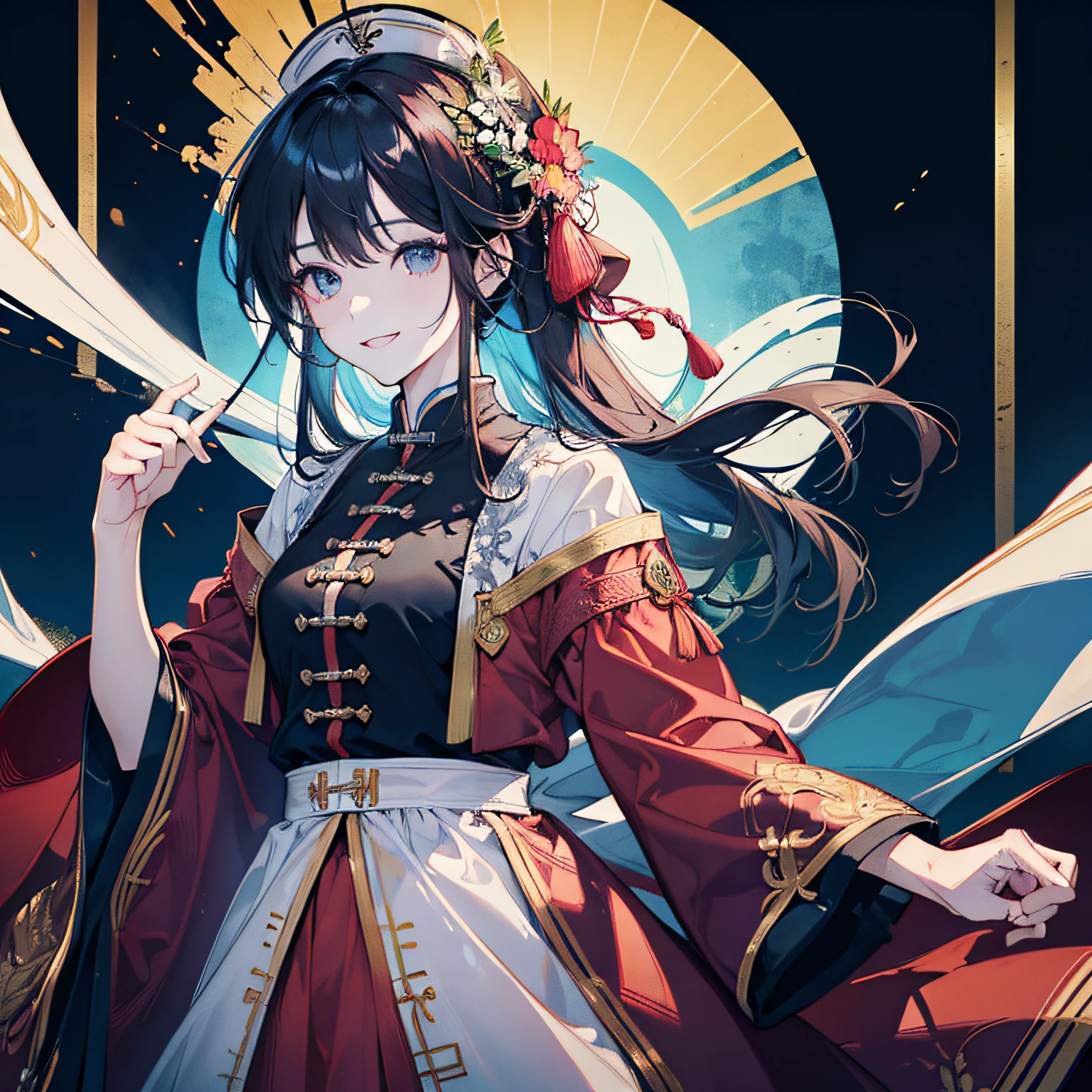 (in 8K、top-quality、​masterpiece:1.2)、1人の女性、(Smiling smile:1.1)、beautidful eyes、Valley、The upper part of the body、length hair、Like a boy、poneyTail、Red scenery、