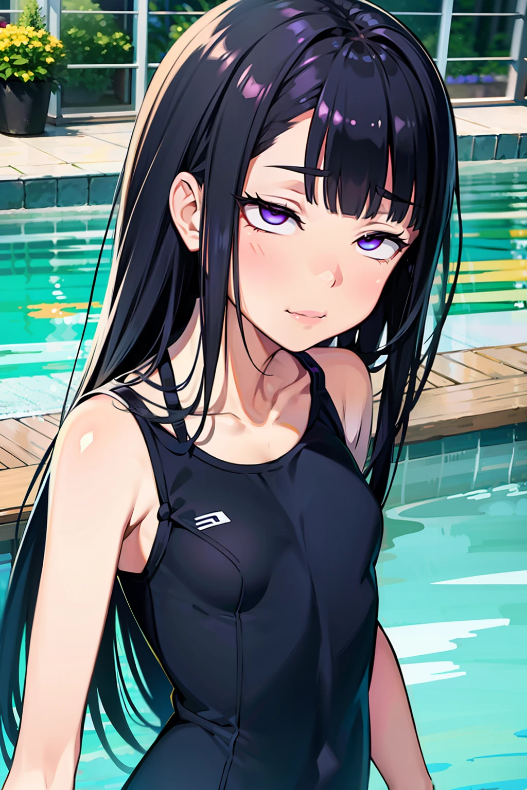 tmasterpiece，best qualtiy，tmasterpiece，best qualtiy，offcial art，the Extremely Detailed CG Unity 8K Wallpapers，traditional_Mediums，Kizi，，black hair band，long whitr hair，whaite hair，eBlue eyes，Small breasts，School swim wear，Expressionless，swimmingpool,low-tied long hair,straight on,Pupil of the slit,jitome