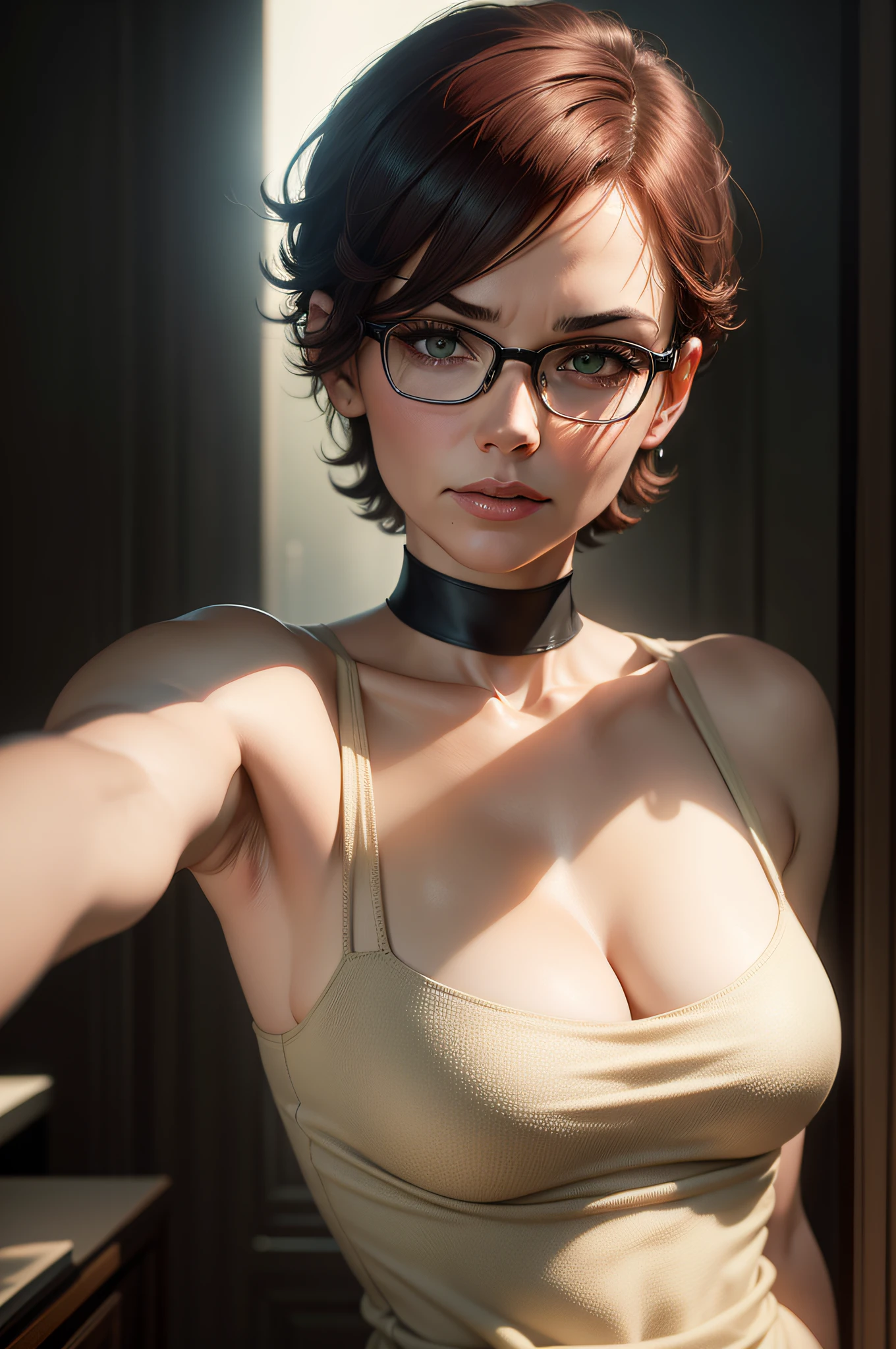 50 year old woman, short hair, red hair, silver glasses, questioning face, green woods enveloped in sunlight, gradient, photorealistic style bathed in beige tones, from a bird's-eye perspective, beautiful romantic gesture, Hyper-Detailed Dark Fantasy Sketch Art, Pose, Strong Facial Expression, In the Style of Tom Bagshaw and Charlie Bowater, Film Noir Aesthetic, Beige Background, Blue, Minimalist, Elegant, Modern, Graphic Design, Vibes Female 50s, Short Black Hair, Choker Necklace , friendly face, multiple expressions and poses character model sheet