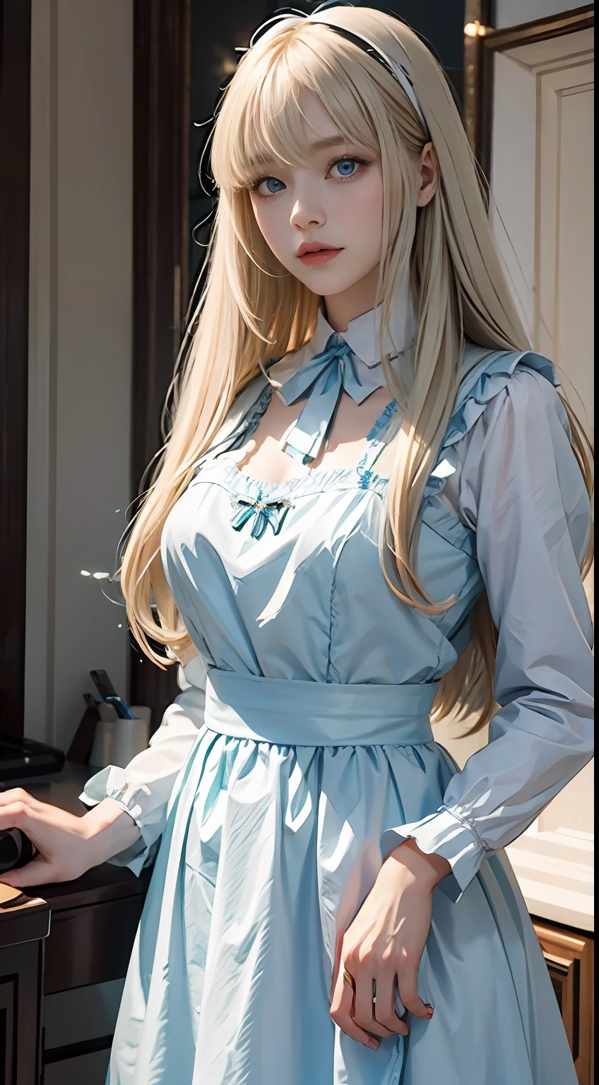bright expression、Foto realism、top-quality、超A high resolution、A picture、A delicate and beautiful photo of a Nordic born girl、Extraordinary beautiful girl、Detailed cute and beautiful face、(PureErosFace_V1:0.008)、beautiful bangs、alice in the wonderland、18yr old、Shiny white shiny skin、Facial hair、Bangs that extend to the face、bangs between eyes、Super long hair、Attractive light and dark platinum blonde extra-long straight silky hair、finer hair、Charming glowing beauty bright clear clear light blue big eyes、White apron、Yellow dress、eyes liner、Double eyelids、Lush bust