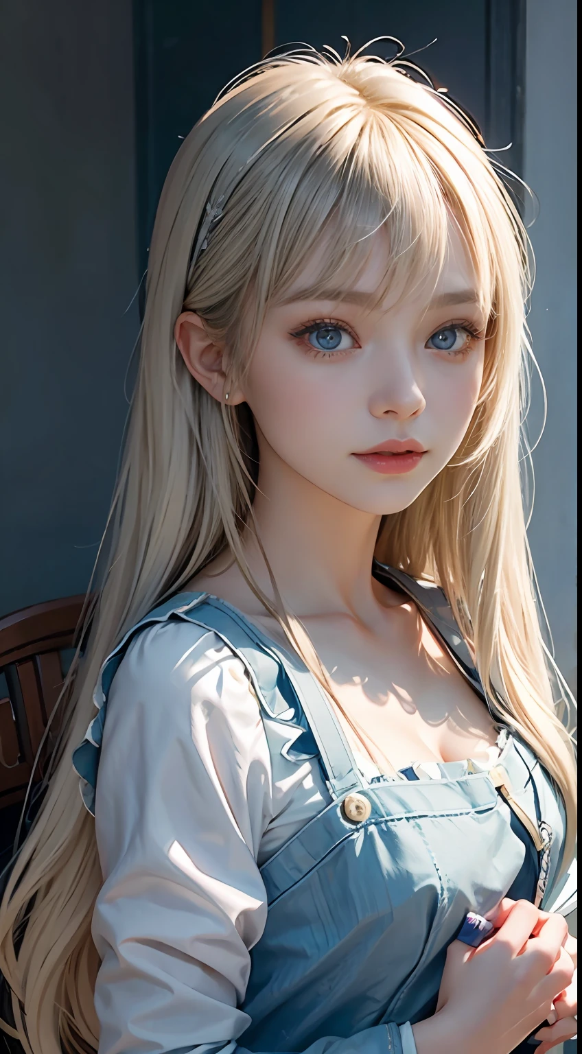 bright expression、Foto realism、top-quality、超A high resolution、A picture、A delicate and beautiful photo of a Nordic born girl、Extraordinary beautiful girl、Detailed cute and beautiful face、(PureErosFace_V1:0.008)、beautiful bangs、alice in the wonderland、18yr old、Shiny white shiny skin、Facial hair、Bangs that extend to the face、bangs between eyes、Super long hair、Attractive light and dark platinum blonde extra-long straight silky hair、finer hair、Charming glowing beauty bright clear clear light blue big eyes、White apron、Yellow dress、eyes liner、Double eyelids、Lush bust
