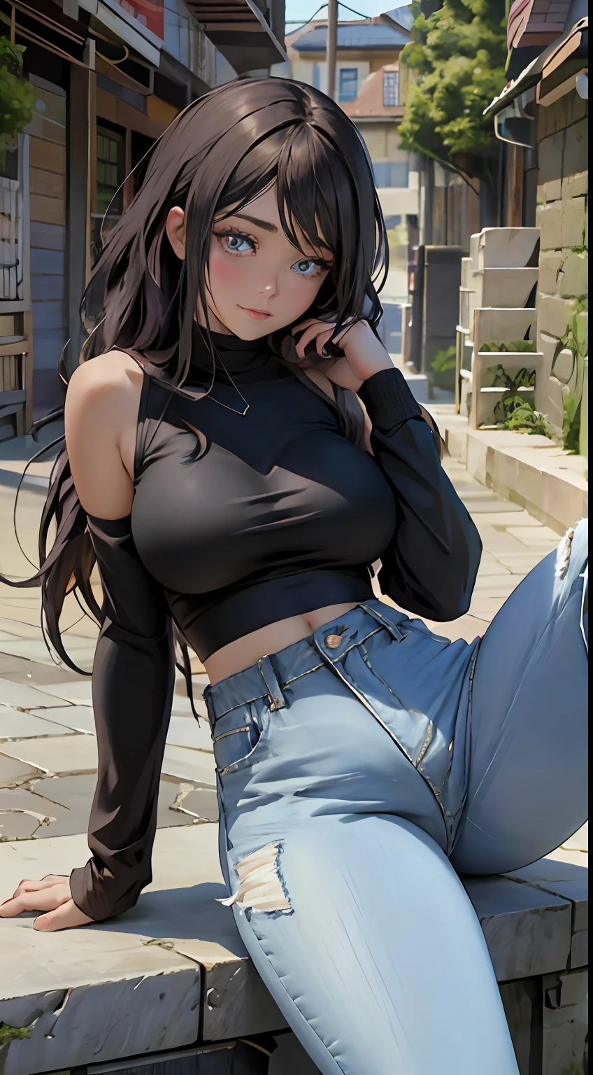 offcial art, Unit wallpaper 8K, ultra - detailed, handsome and aesthetic, big breasts beautiful, Site view, spread their legs, Long hair, Curta, Large of breast, one-girl, thick leg, hair straight, Hinata, hyuga hyuga, vacant eyes, whiteeyes , White pupils, Wide buttock, belly out, Denim trousers, brassier, breasts out, Tight jeans, black shirt, Lateral shoulders