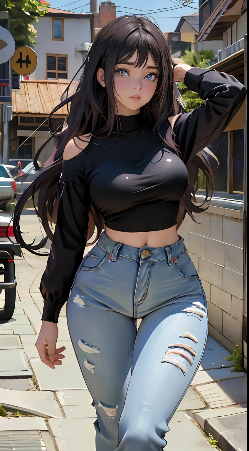 offcial art, Unit wallpaper 8K, ultra - detailed, handsome and aesthetic, big breasts beautiful, Site view, spread their legs, Long hair, Curta, Large of breast, one-girl, thick leg, hair straight, Hinata, hyuga hyuga, vacant eyes, whiteeyes , White pupils, Wide buttock, belly out, Denim trousers, brassier, breasts out, Tight jeans, black shirt, Lateral shoulders