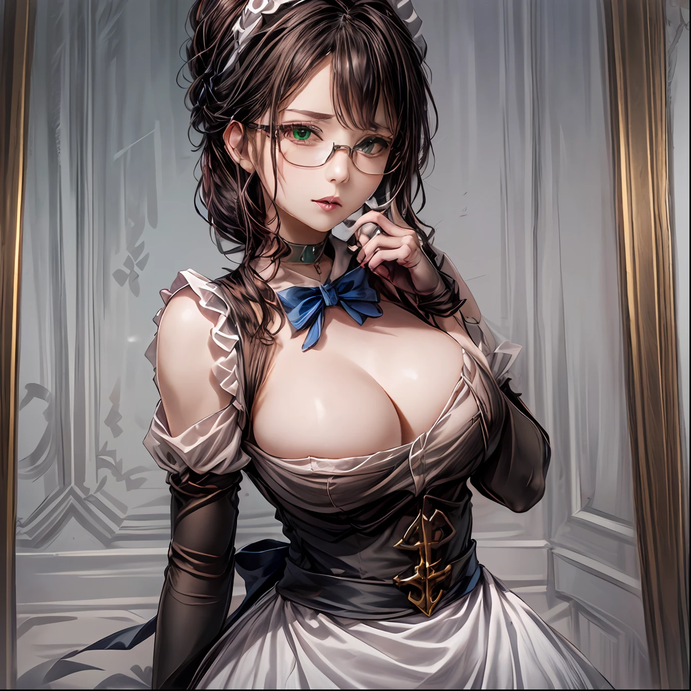 (1girl, yuri alpha:1.0), (anime overlord), (solo:1.4), (narberal_gamma), (64k, UHD, Raw photo, highes, Best Quality, mastepiece:2.0), (Ultra-fine depiction of details:3.0), (a serious, loyal, hard-working maid head, the vice-captain of the "Pleiades Six Stars", the battle maid squad of the Great Tomb of Nazarick), (a beautiful woman with an intelligent look), black hair, (elegant, vivid blue bowtie, ribbon:1.3), (green wristband), (She is equipped with highly elaborately designed, dark emerald green spiky gauntlets:1.5), (perfect face, perfect body, perfect figure, pink lips, slight blush), (cool, intellectual glasses), (gray, black eyes:1.3), (shiny sleek long hair, single hair bun, single braid bun:1.6), (high-quality, simple, maid dress:1.5), (vivid cerulean blue gothic style choker:1.3), (:1.2), ( cleavage:1.1), inhouse, studying the orders issued by the master of [the Great Tomb of Nazarick, Ainz Ooal Gown], the room is filled with solemn atmosphere, ((long shot, full body shot)), (perfect lighting, effective front light and spot light:1.3,)