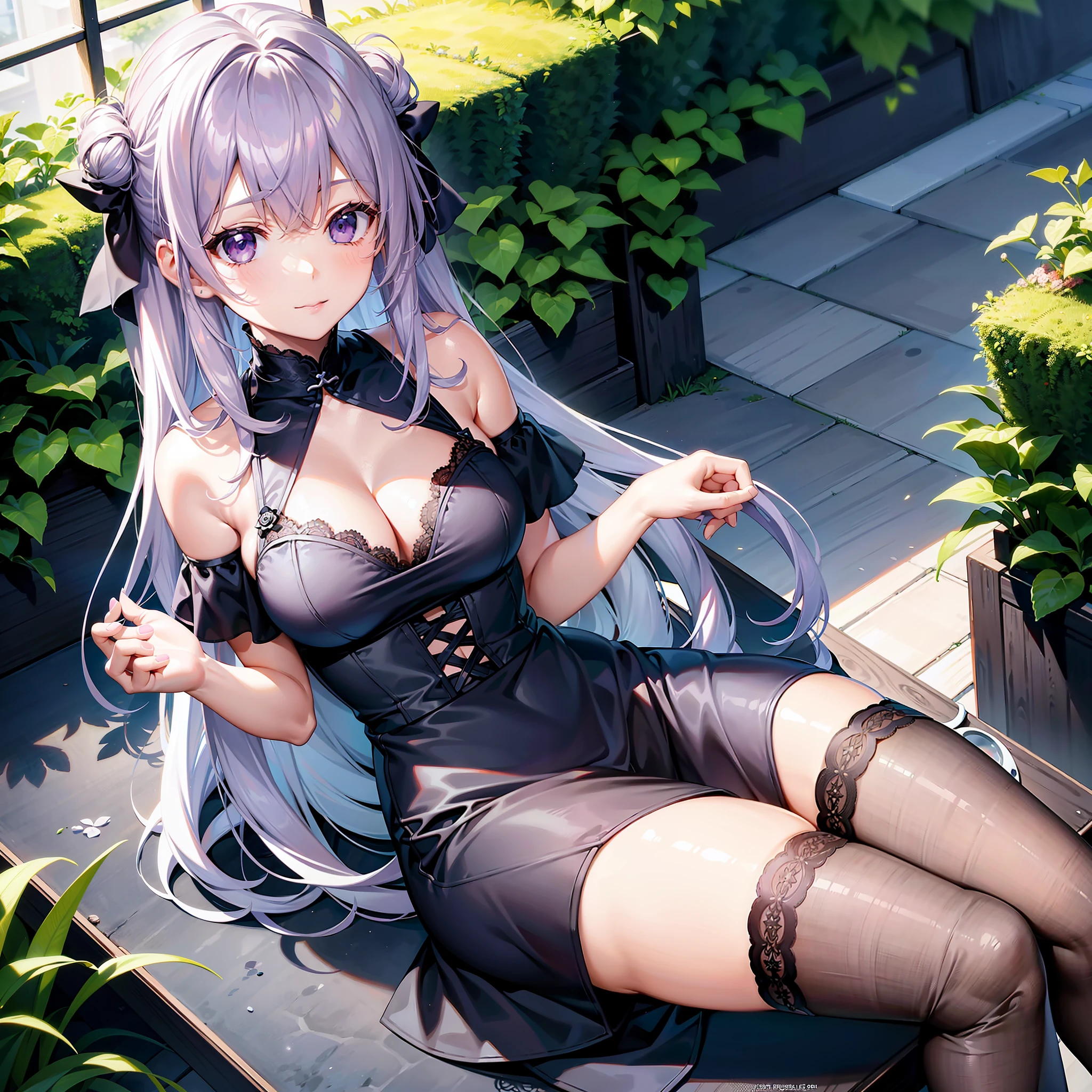 1girll,独奏,sit on chair,Inside the garden,cabelos preto e longos,Rose hair cards,Violet off-the-shoulder dress,black lence stockings