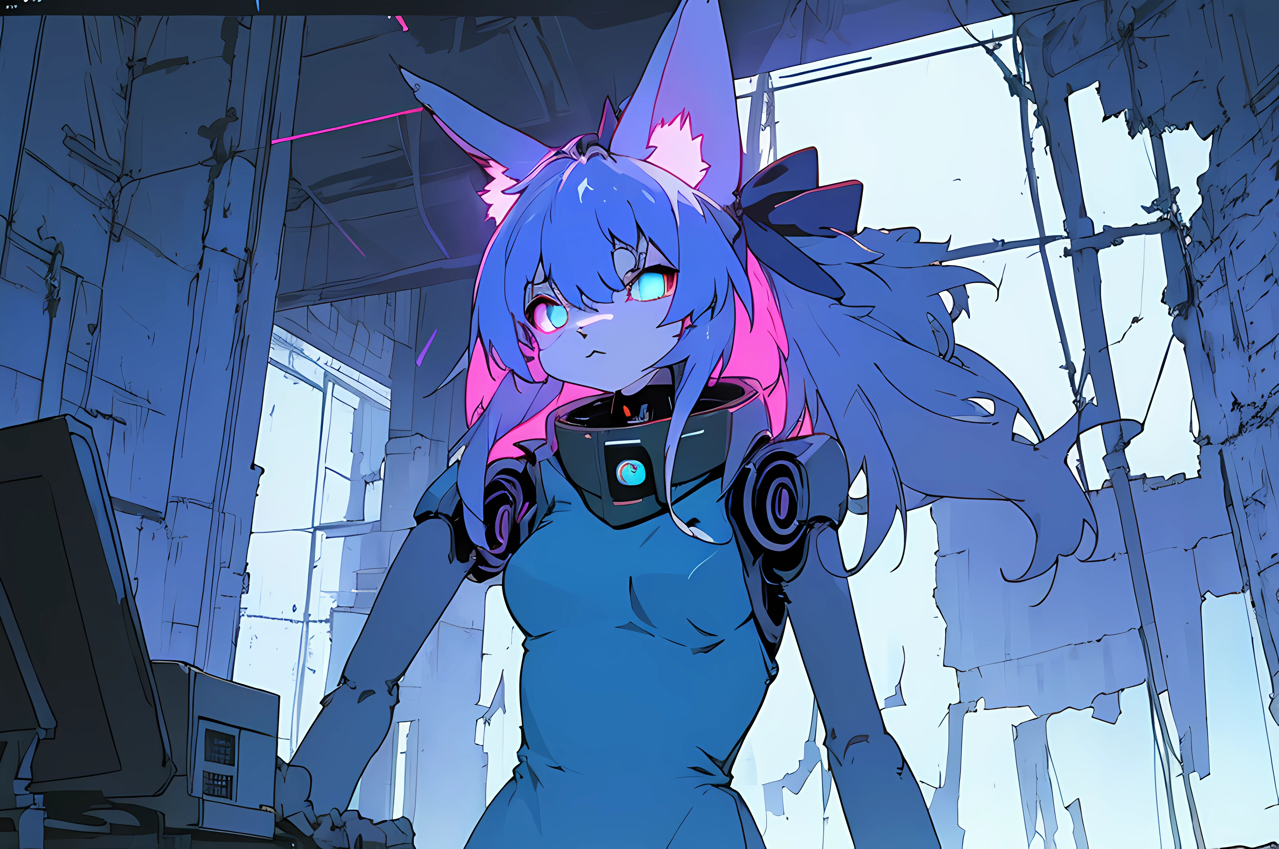 (vintage vhs), (crt screenshot), (((dark scene))), (((dark cloudy scene))), (((angel's egg anime))), (((serial experiments lain anime))), (((underground basement scene))), (((unlit nighttime scene))), (((dark abandoned computer lab house))), (((solemn blue anthro kemono furry rabbit exploring old computer screens))), (((underground cavern filled with glowing computer screens))), anime rabbit character with futuristic hair and glowing eyes exploring old ruins, anime art, anime aesthetic, (((old ruins in background cel art))), kemono anime rabbit girl, wearing cybernetic bunny ears, angry female fighter --v6