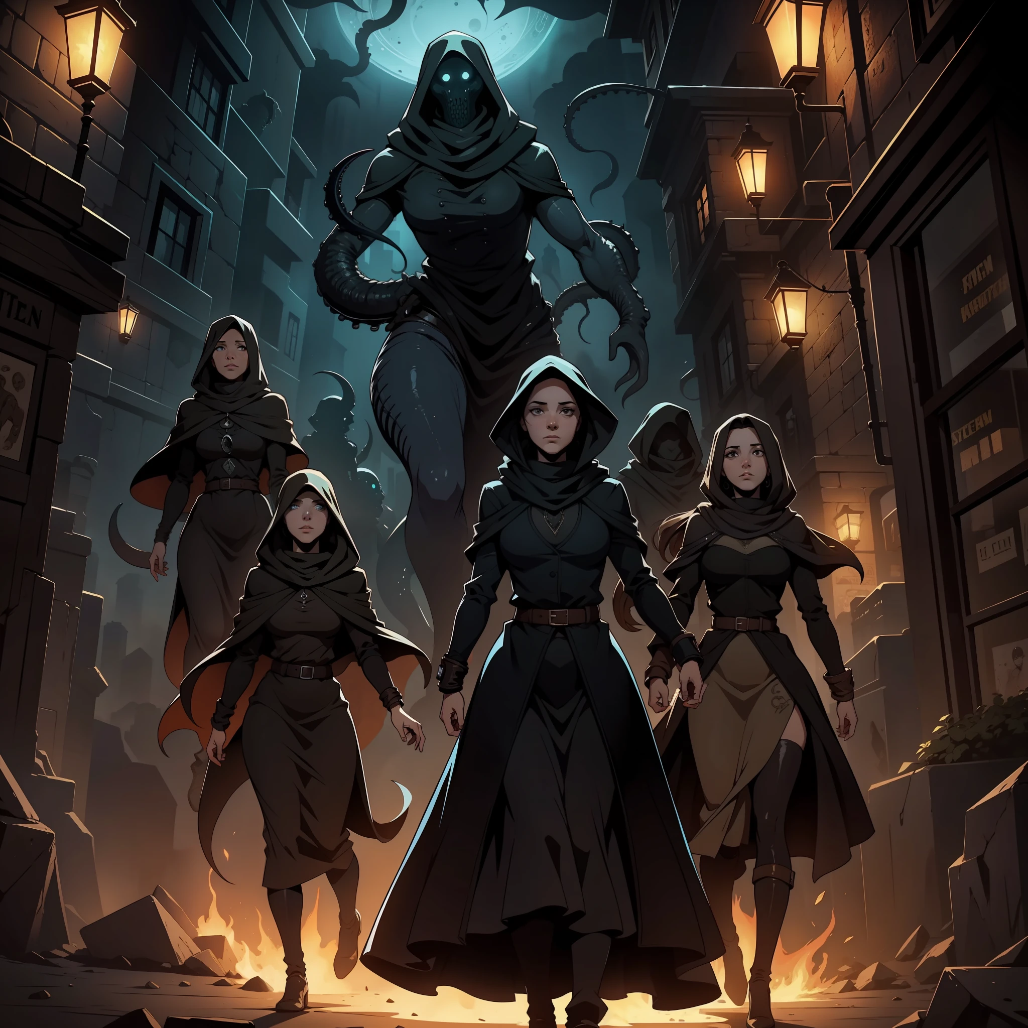Meet the Five Companions, best quality, masterpiece, in Lovecraftian art style