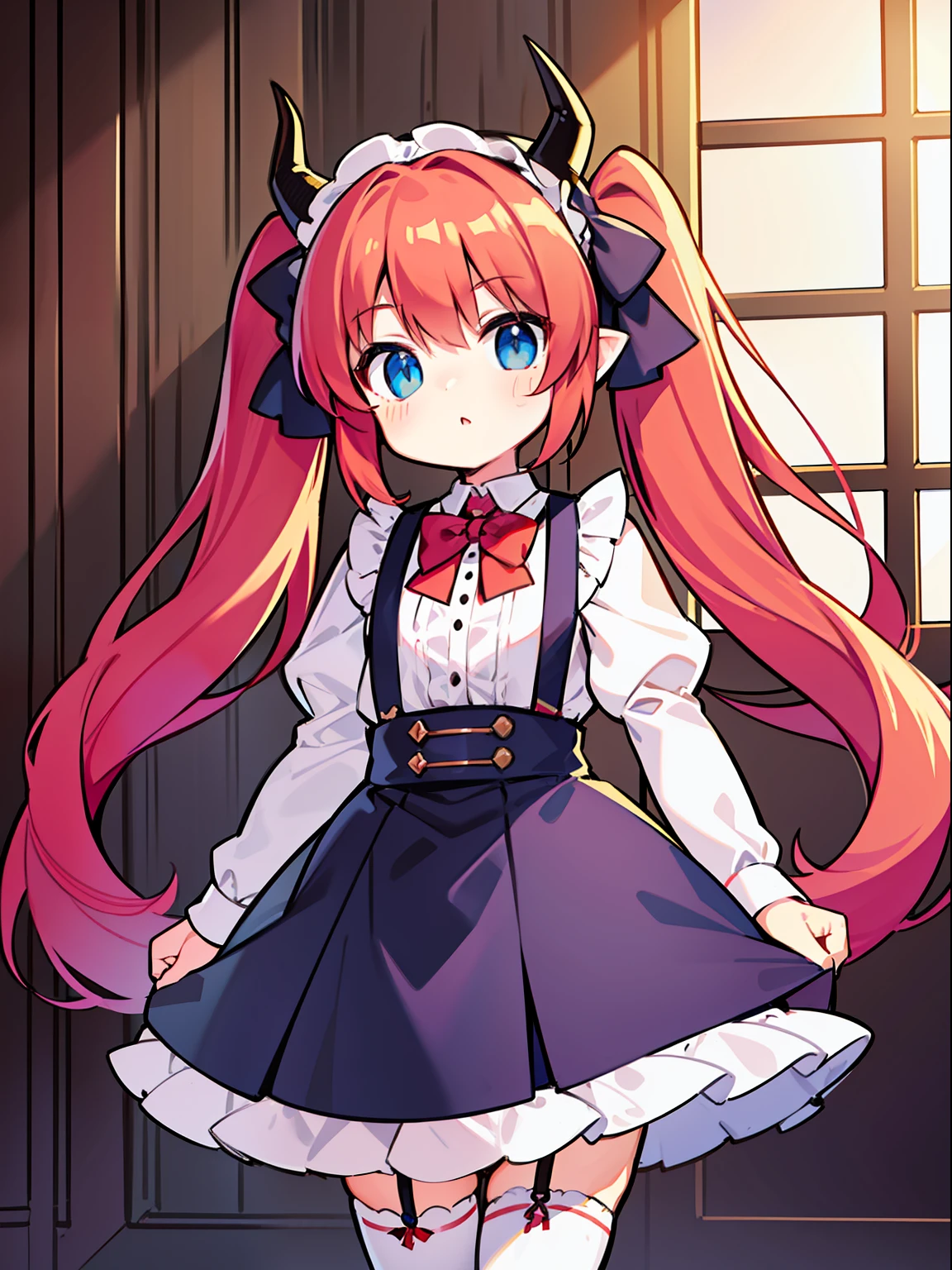 {{best quality}}, {{masterpiece}}, {{ultra-detailed}}, {illustration}, {detailed light}, red hair,blue eyes,twintails,ta,Suspenders skirt,Fantastic,lolio,Dragon horns,little gir