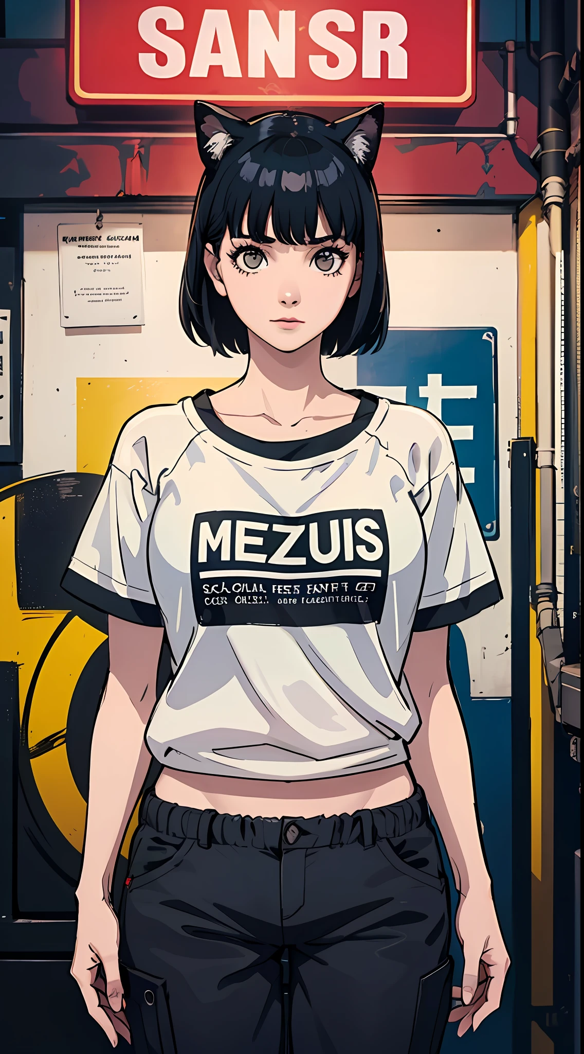 master part, fundo plano, sem antecedentes, corpo inteiro, Standing, Menina de orelha de gato um, sozinho, fofo, Capuz laranja oversized, camiseta, seven-quarter length pants, Retrato de 50mm, delicate features, semi-realista, foco nítido, Super Detalhe, Absurdidade, profundidade de campo, neon light
