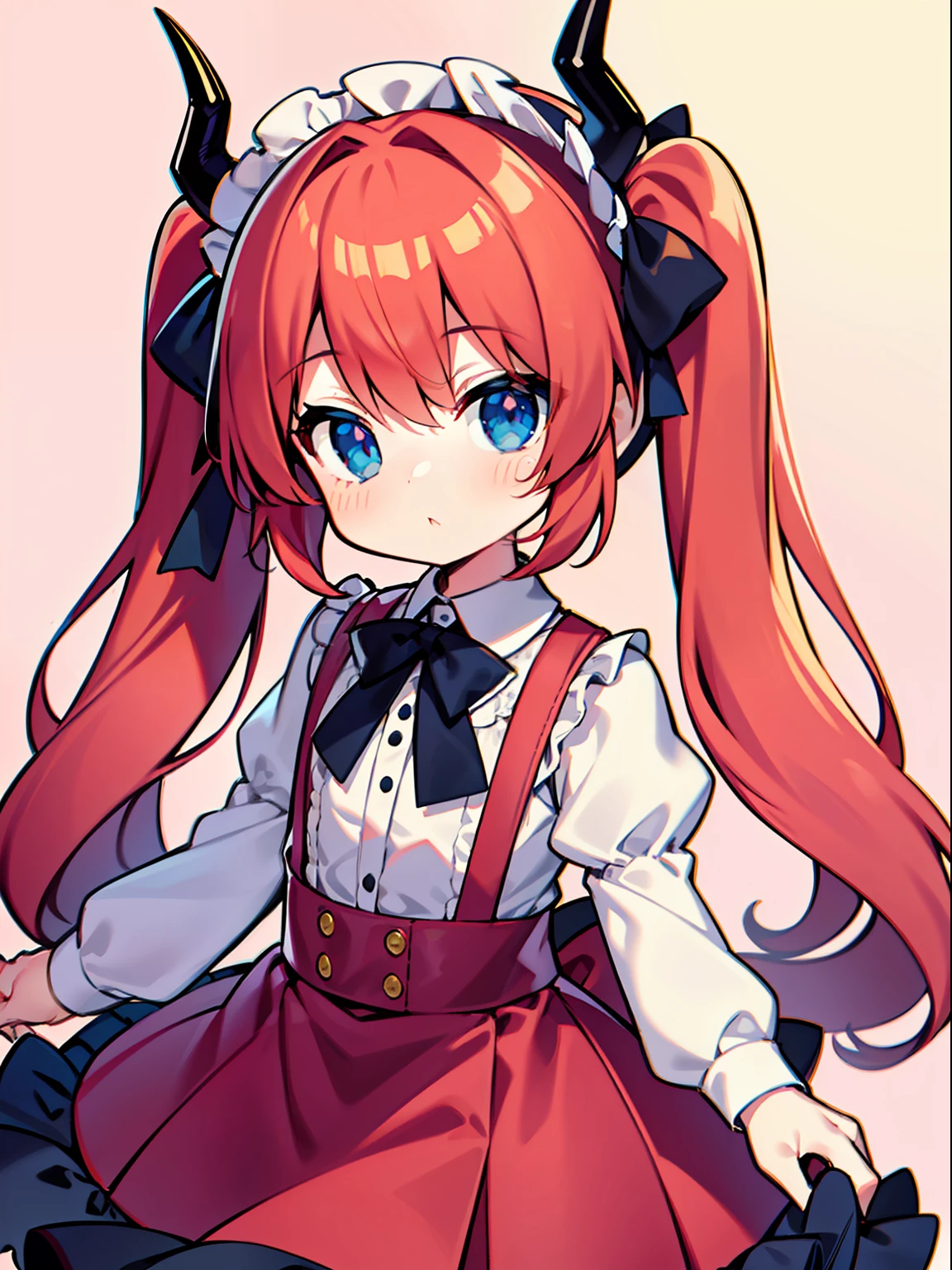 {{best quality}}, {{masterpiece}}, {{ultra-detailed}}, {illustration}, {detailed light}, red hair,blue eyes,twintails,lolita,Suspenders skirt,Fantastic,loli,solo,Dragon horns,little girl,long hair