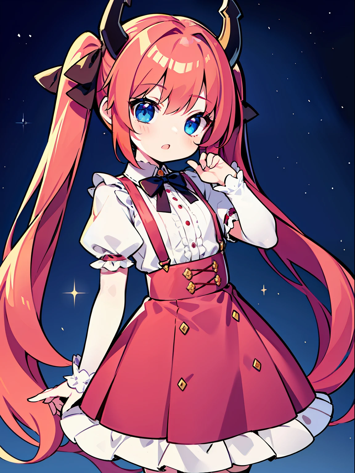 {{best quality}}, {{masterpiece}}, {{ultra-detailed}}, {illustration}, {detailed light}, red hair,blue eyes,twintails,lolita,Suspenders skirt,Fantastic,loli,solo,Dragon horns,little girl,long hair