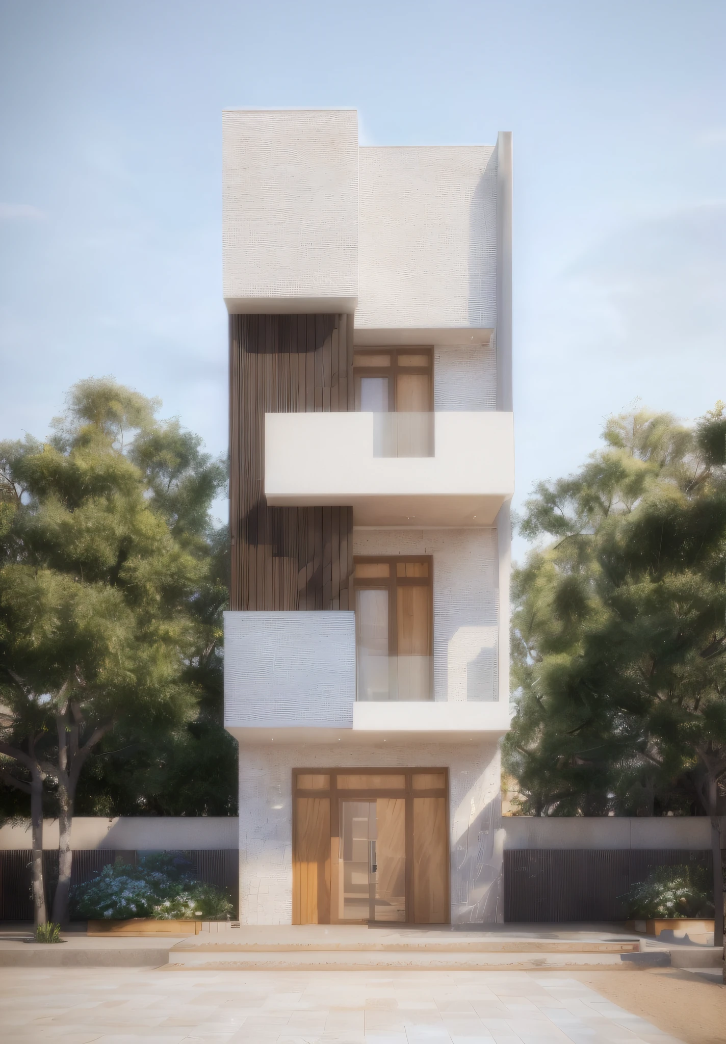 a rendering of a modernslim town house with big glass windows, very realistic 3d render, 3 d vray render, very realistic render,facade elevation view, wide angle exterior 2022, architectural 3 d render, render vray, exterior design, concept house, lumion render, elevation view, professional render, high render, vray render, realistic architecture, Yellow marble stone PRB texture, White plaster PRB 16k textured, asphalt old read, interlock tile walkway, wood ceiling under balcony, Ray tracing, Realistic, clear sky