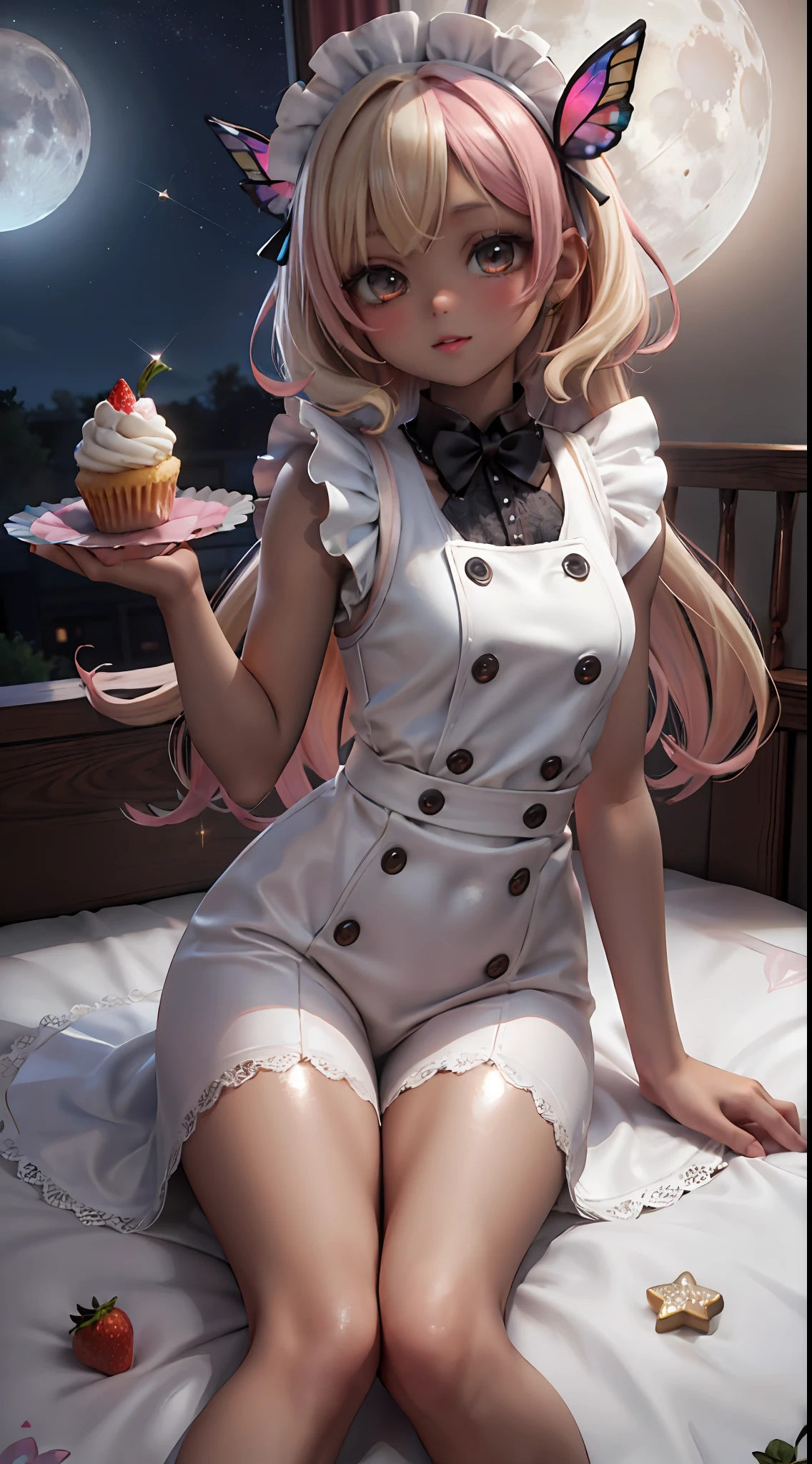 1girl, cupcake theme, pastries, strawberry and vanilla flavored, shiny, sparkles, butterflies and glitter, pearlescent, flavorful, delicious, maid outfit in pink and white, blonde with pink hair streakes, gradient_hair, buttons, stars, moon, nighttime, pajama party, room, teddy, dark skin, black skin, brown skin, blue and black dress with green fruits