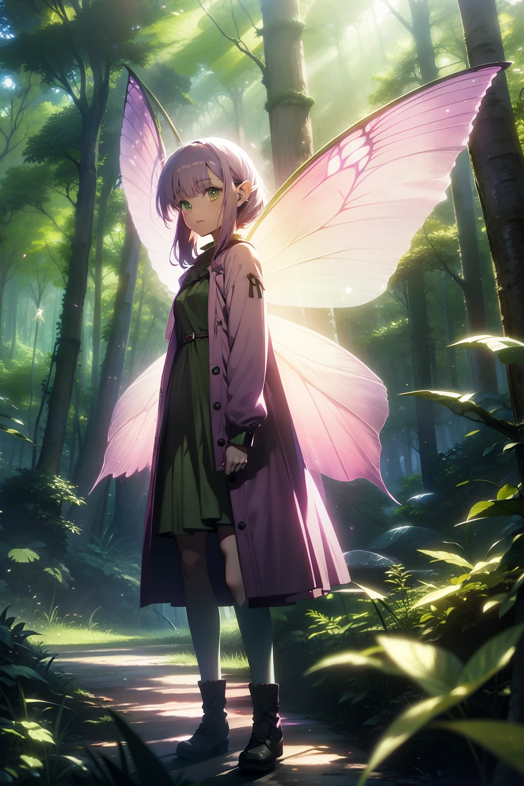 young girl, purple hair, green eyes, fairy, pink fairy wings, green plant clothes, in a forest, fantastic trees, fireflies in the scenery, highlights, fantasy