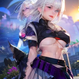 realistic, 1girl, white hair, purple eyes, glowing eyes, crop top, skirt, parted lips, blush, night, flowers, sun, sunlight,