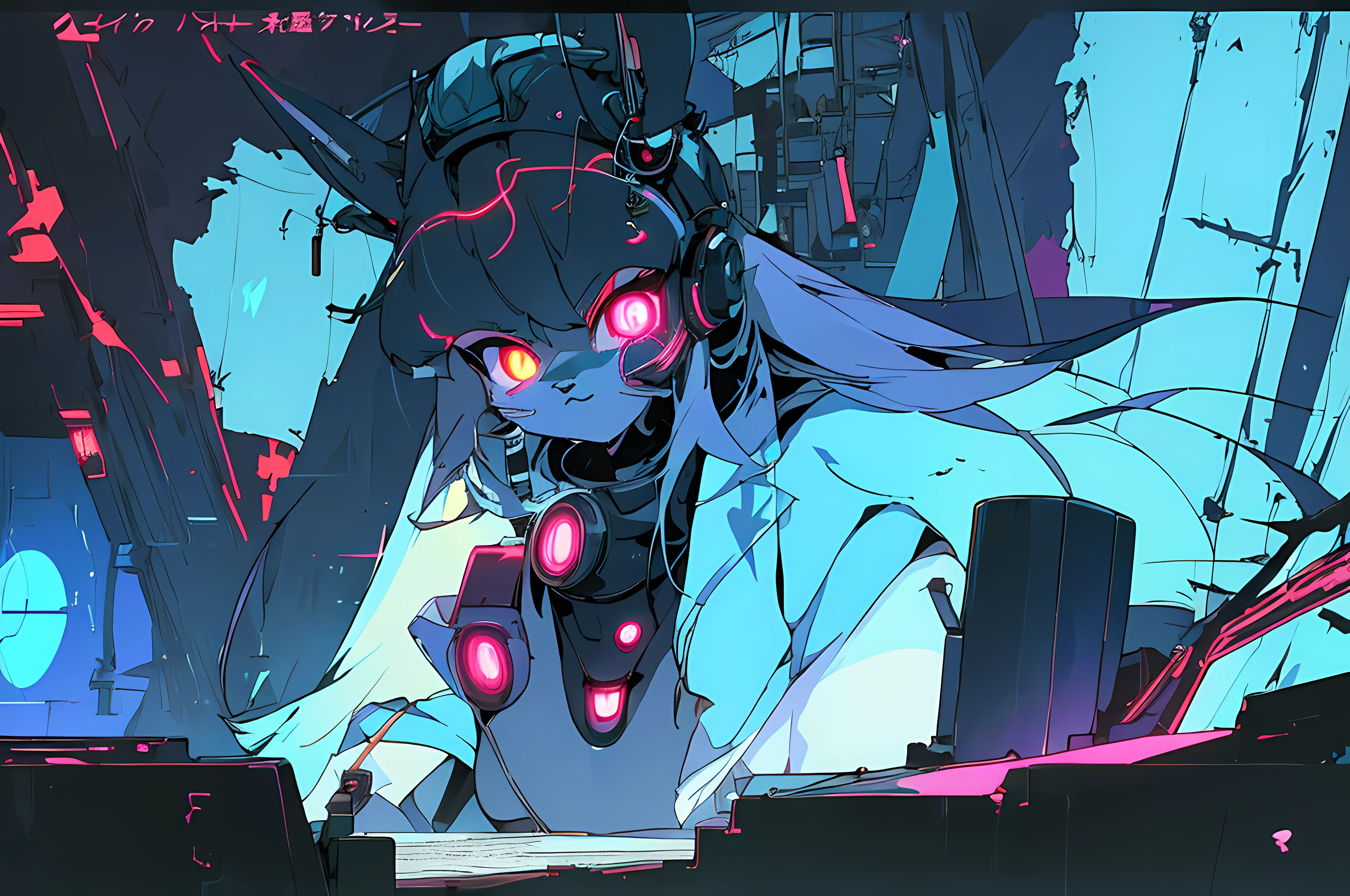 (vintage vhs), (crt screenshot), (((dark scene))), (((dark cloudy scene))), (((angel's egg anime))), (((serial experiments lain anime))), (((underground basement scene))), (((unlit nighttime scene))), (((dark abandoned computer lab house))), (((solemn blue anthro kemono furry rabbit exploring old computer screens))), (((underground cavern filled with glowing computer screens))), anime rabbit character with futuristic hair and glowing eyes exploring old ruins, anime art, anime aesthetic, (((old ruins in background cel art))), kemono anime rabbit girl, wearing cybernetic bunny ears, angry female fighter --v6