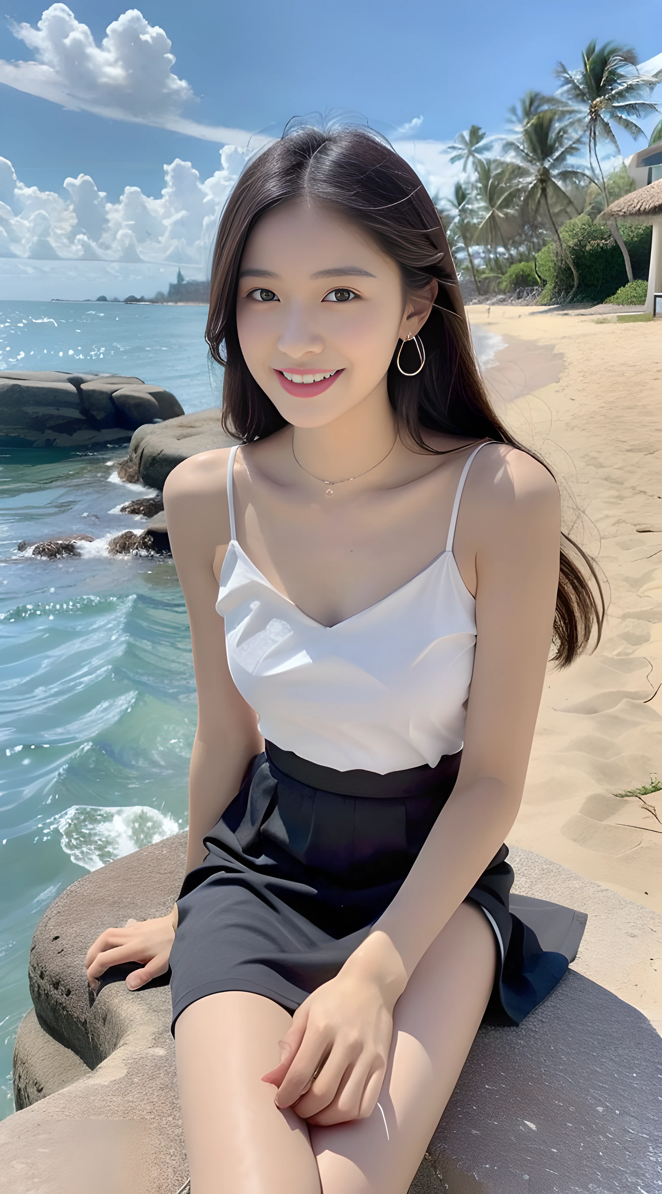 A young and beautiful,Beautiful cute girl,half-body photo。Extremely beautiful and delicate,Black color hair,A sweet smile,Delicate and beautiful fair skin,Realistic and realistic,exquisite and complete facial features,Detailed depiction of the face,tall nose bridge,Smooth hair,extremely detail hair,Feminine temperament,with a well-proportioned body,Realiy,White teeth,Tied up with hair,Hyper-realism,sandals,Extreme picture quality,Highest precision,Precise and perfect human anatomy。with blue sky and white clouds,with blue sky and white clouds,rays of sunshine,(Chiffon skirt)(telephoto shot,)Express the landscape,Under the coconut tree,Highlight portrait。Sitting on the beach by the sea。Wearing earrings,Sideways photo
