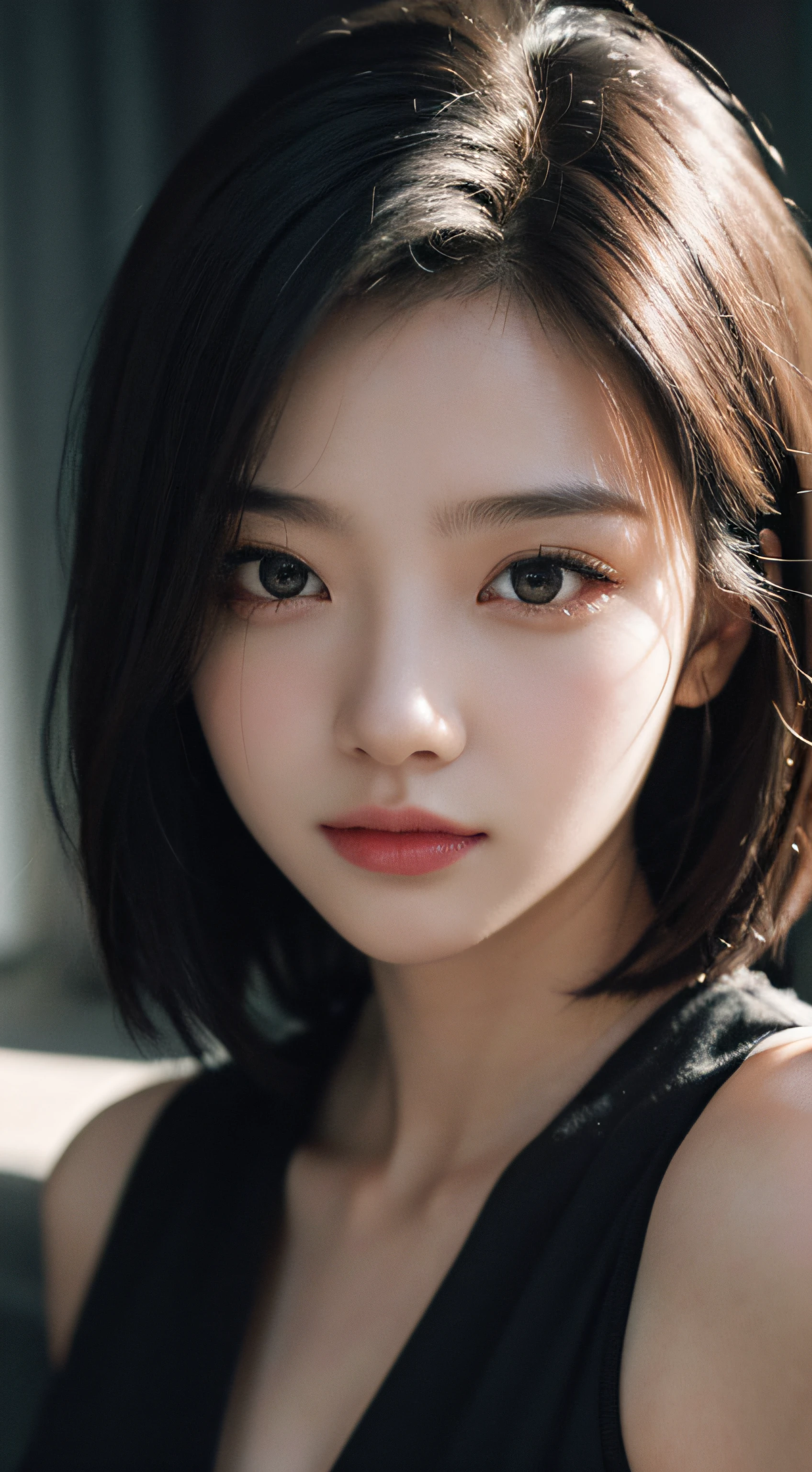 best qualtiy， tmasterpiece， 超高分辨率， （realisticlying：1.5）， RAW photogr， 1girll，  in the darkness nigth， deep shading， low tune， cold light， Sexy look， short detailed hair，（（best qualtiy，8K，tmasterpiece：1.3））），Clear focus：1.2，（layer cut，The large：1.2），Beautiful Women in Perfect Figure：1.4，Highly Detailed Face and Skin Textur，Detailed eyes，二重まぶた，