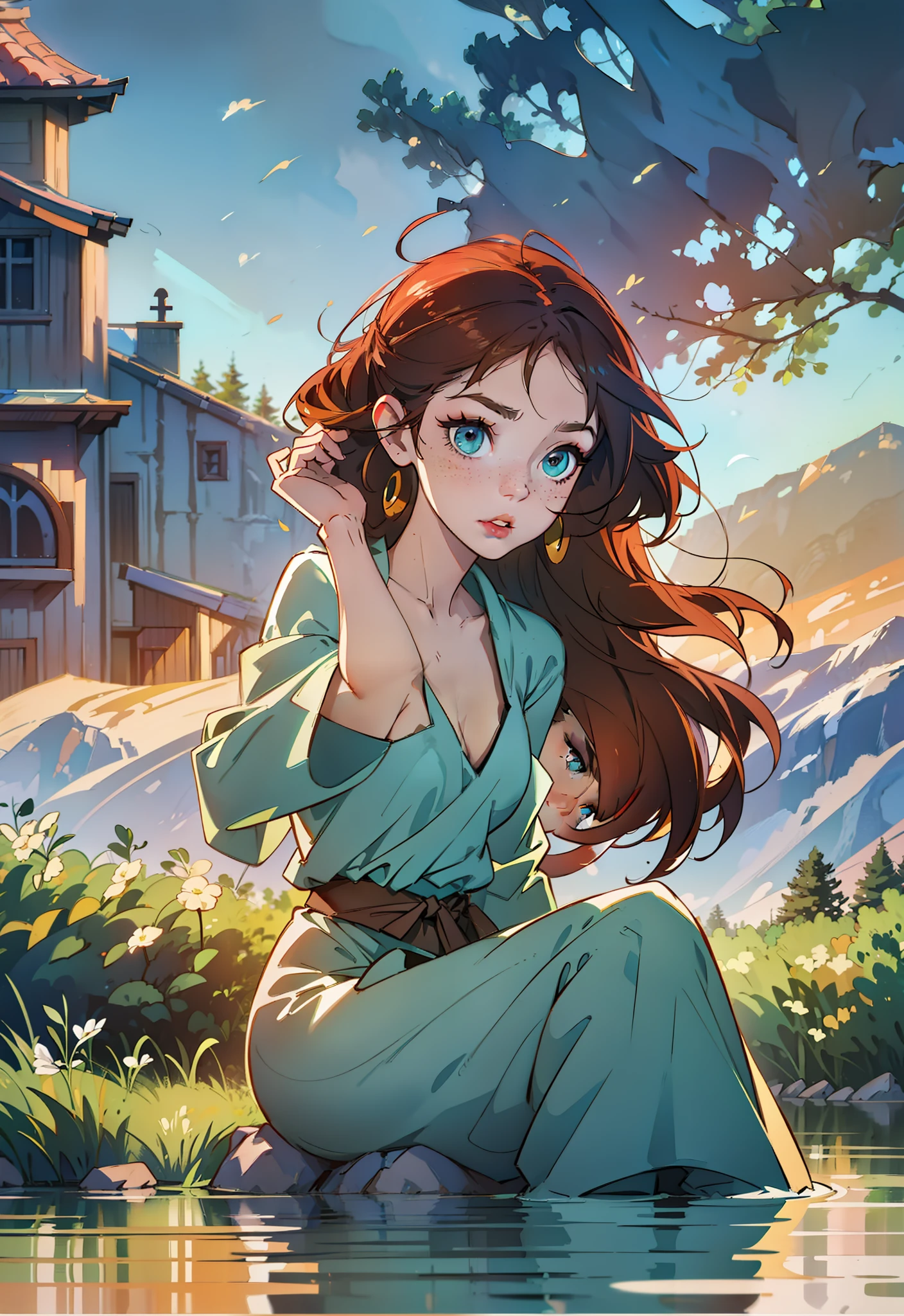 1girl, solo, redhead hair, braided hair style, serene expression, mesmerizing green eyes, green pupils, (completely naked, fully naked), poised posture, small breast, freckles, freckles, freckles all over body, hands up behind the head, armpit, collarbone, blushed, sitting on, (pubic hair freshly shaved):1.2, subtle blush, silver pendant, hoop earrings, golden hour, (rim lighting):1.2, warm tones, sun flare, soft shadows, vibrant colors, painterly effect, dreamy atmosphere, scenic lake, distant mountains, lodge background, willow tree, calm water, reflection, sunlit clouds, peaceful ambiance, idyllic sunset, ultra detailed, official art, unity 8k wallpaper, zentangle, mandala