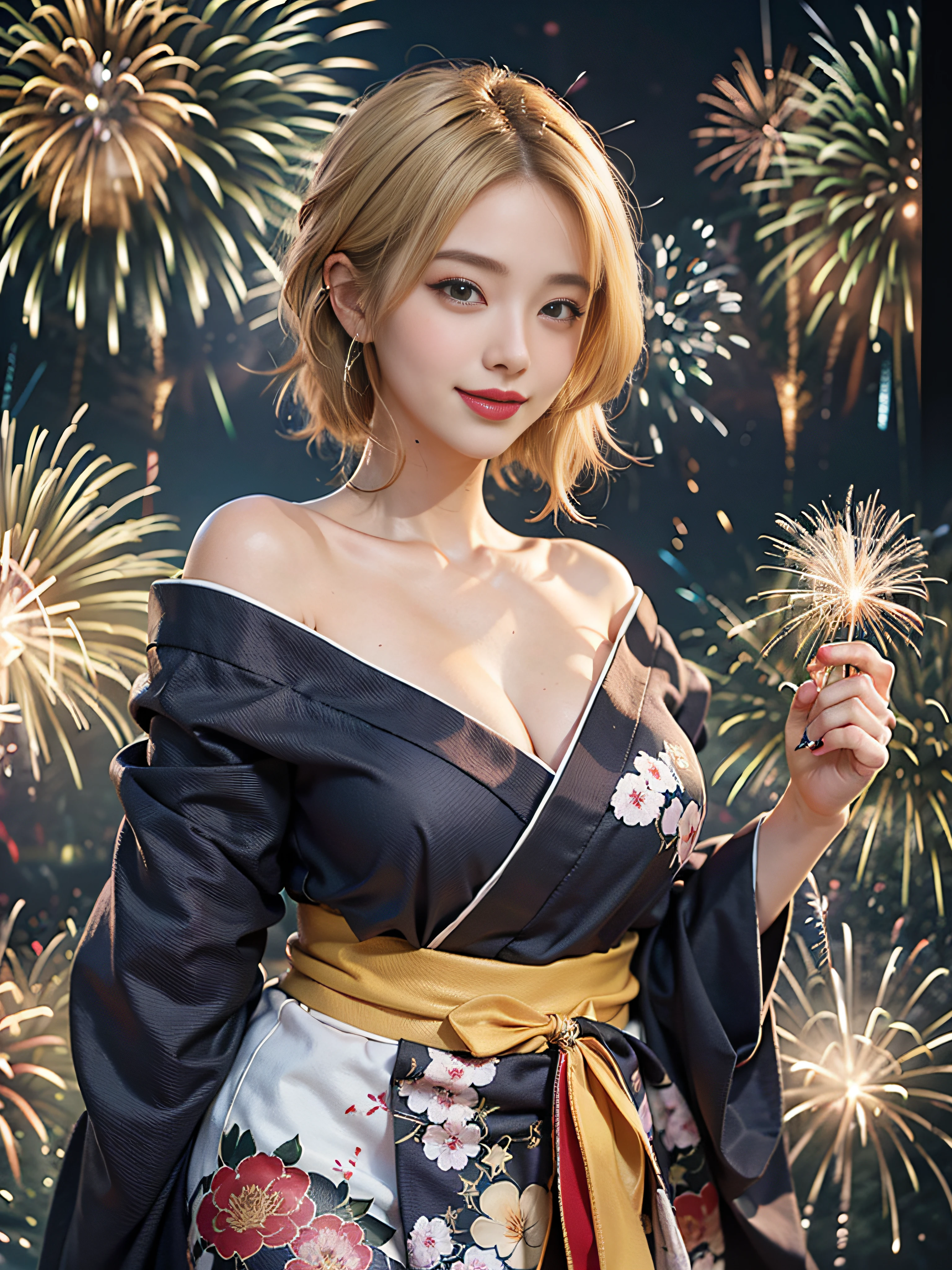 8K, high-level image quality, Ulutra HD, top-quality, Master masterpiece, 超A high resolution, Photorealsitic, 1girl in, off shoulders, A smile、(a blond:1.6)、(tanned skin to brown)、Dark makeup、gals、Heavy makeup、Burst breasts、bbw、Muchimuchi、Glowing skin、a blond、(bbw:1.5)、Fat body、Fat face、People with Japan々、25-years old、(Muchimuchi:1.7)、Tight face、Muchimuchi's body、Sexy face、Dark makeup、Japan Beauty、(fullllbody:1.3)、Glossy skin、(sarashi)、beautiful foot、Brown skin color、(Big fireworks:1.6)、Whole human body、A smile、(Colorful kimono:1.5)、Heavy makeup、Flipping the kimono、a dark night、Big fireworks background