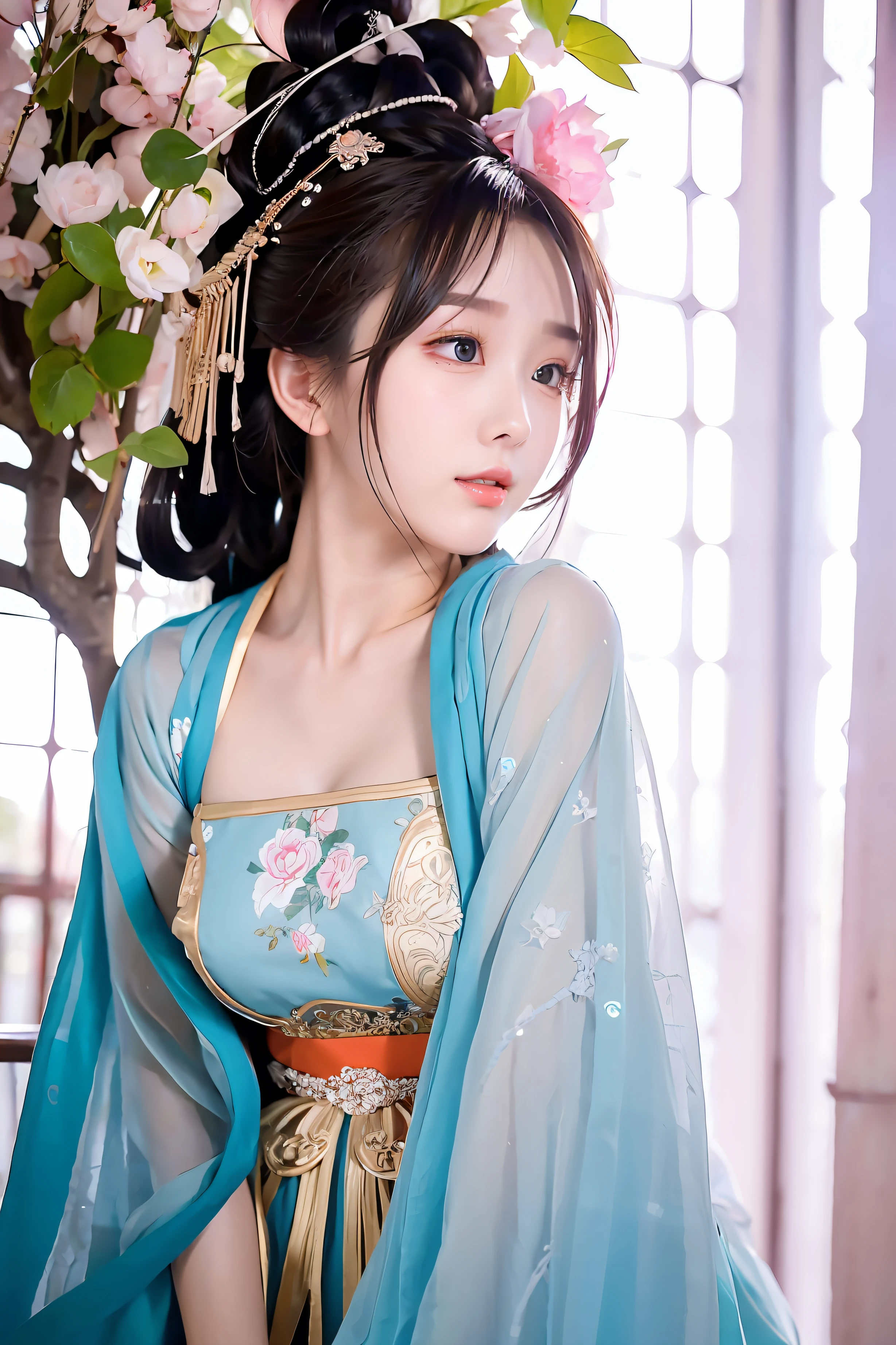 ulzzang-6500-v1.1, (raw photo: 1.2), (photorealistic: 1.4)) best quality, beautiful, beautiful, beautiful, extremely detailed, CG, unity,8k amazing wallpaper, beautiful detail, masterpiece, best quality, official art, very detailed CG unity 8k wallpaper, ridiculous, unbelievably ridiculous, huge file size, super detailed, high resolution, very detailed, beautiful detailed girl, very detailed eyes and face, beautiful detailed eyes, movie lighting, 1 girl, perspective, looking at the audience, full body, full body photo, outdoors, hands behind your back, (Hanfu)