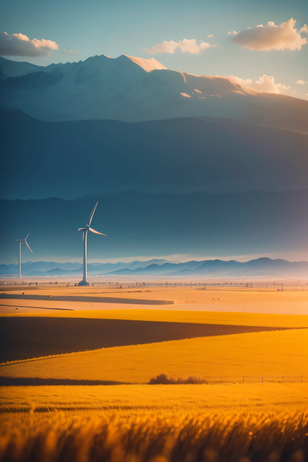 Large wind turbines,On endless wheat fields,In the distance are endless mountains