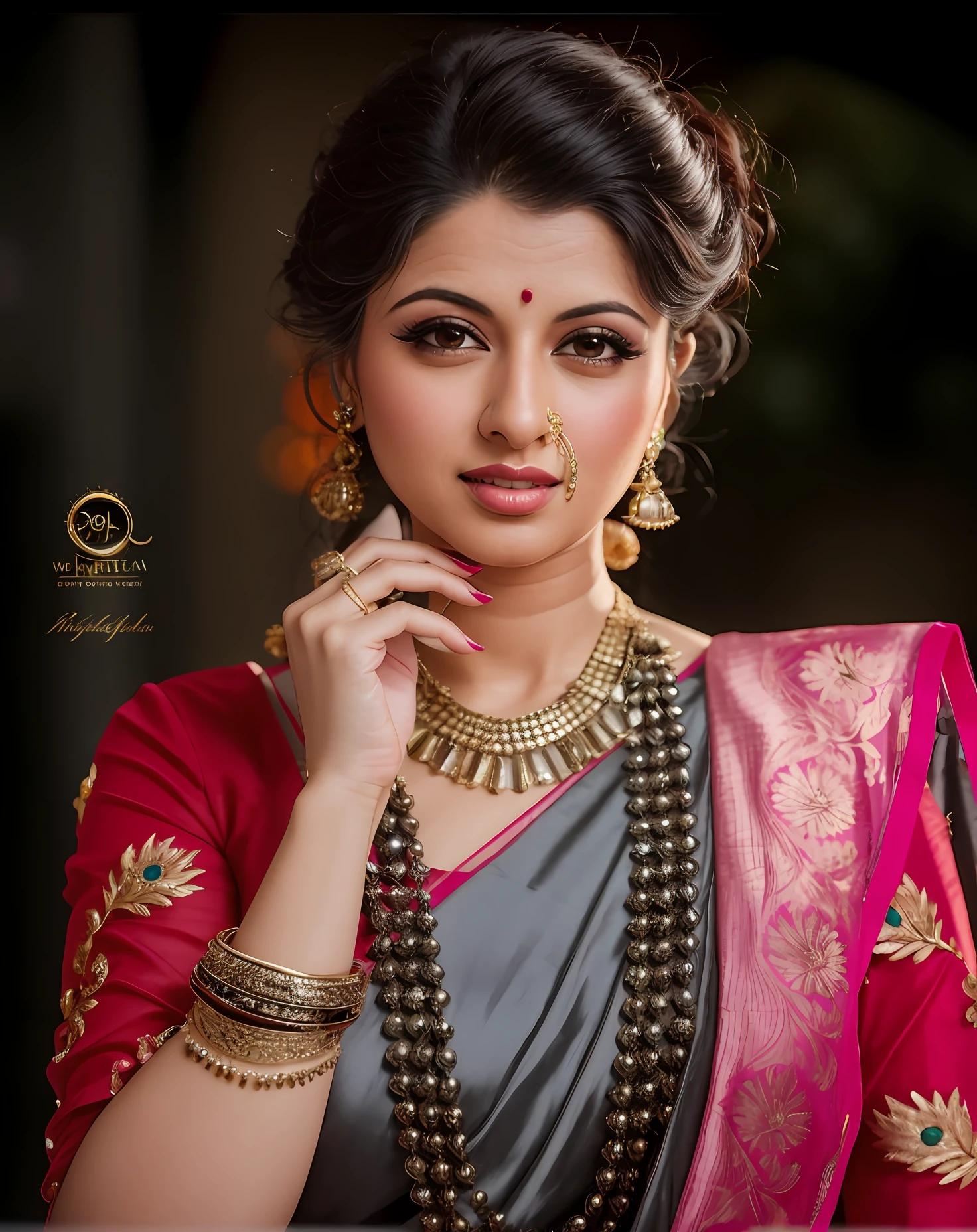 a photo of a 30-year-old woman, stylish, professional portrait, head-shot, slight smile, cute, background bokeh, bshree, Bindi on the head, Big jewelry