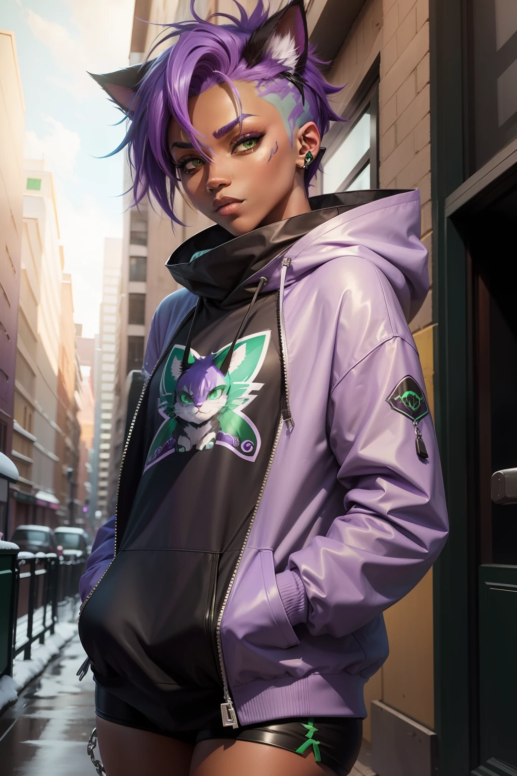 humanized purple and green hair cat, in a cold city in the style of lol character, with purple hair and dark skin