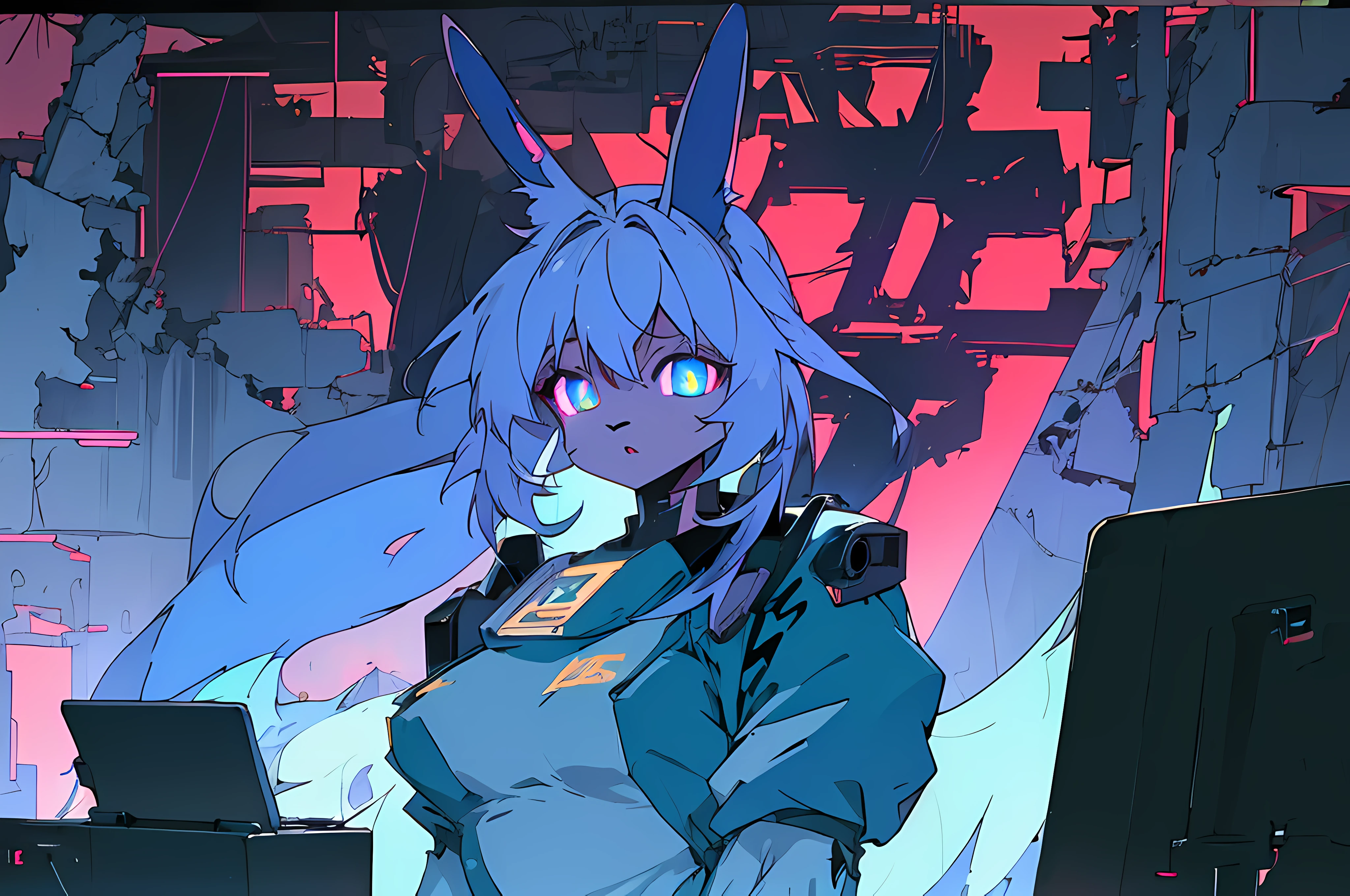 (vintage vhs), (crt screenshot), (((dark scene))), (((dark cloudy scene))), (((angel's egg anime))), (((serial experiments lain anime))), (((underground basement scene))), (((unlit nighttime scene))), (((dark abandoned computer lab house))), (((solemn blue anthro kemono furry rabbit exploring old computer screens))), (((underground cavern filled with glowing computer screens))), anime rabbit character with futuristic hair and glowing eyes exploring old ruins, anime art, anime aesthetic, (((old ruins in background cel art))), kemono anime rabbit girl, wearing cybernetic bunny ears, angry female fighter --v6
