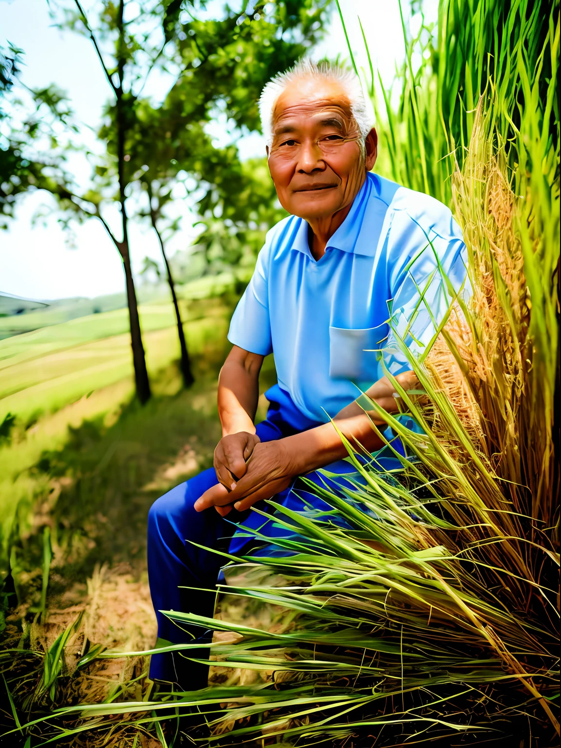 RAW photos，An old man in the countryside sits in front of a rice field（highdetailskin：1.2），dressed in（bareness），8k ultra high definition，digital SLR camera，gentlesoftlighting，high high quality