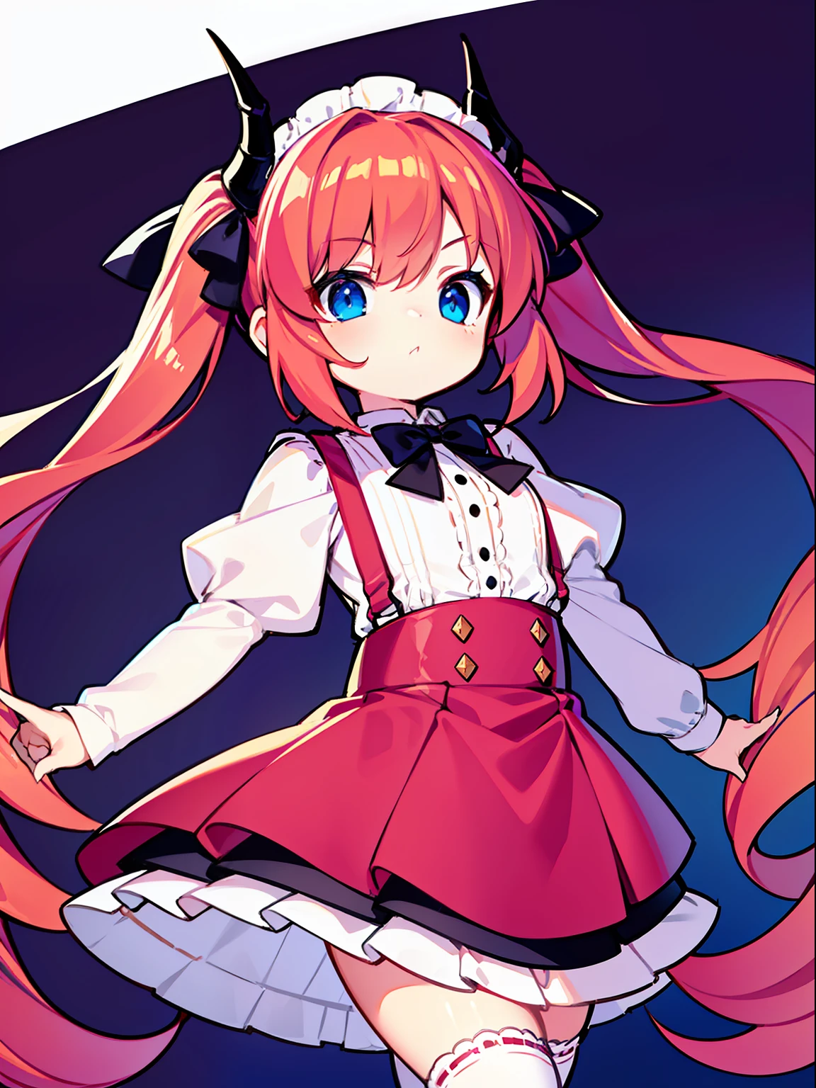 {{best quality}}, {{masterpiece}}, {{ultra-detailed}}, {illustration}, {detailed light}, red hair,blue eyes,twintails,lolita,Suspenders skirt,Fantastic,loli,solo,Dragon horns,little girl,long hair