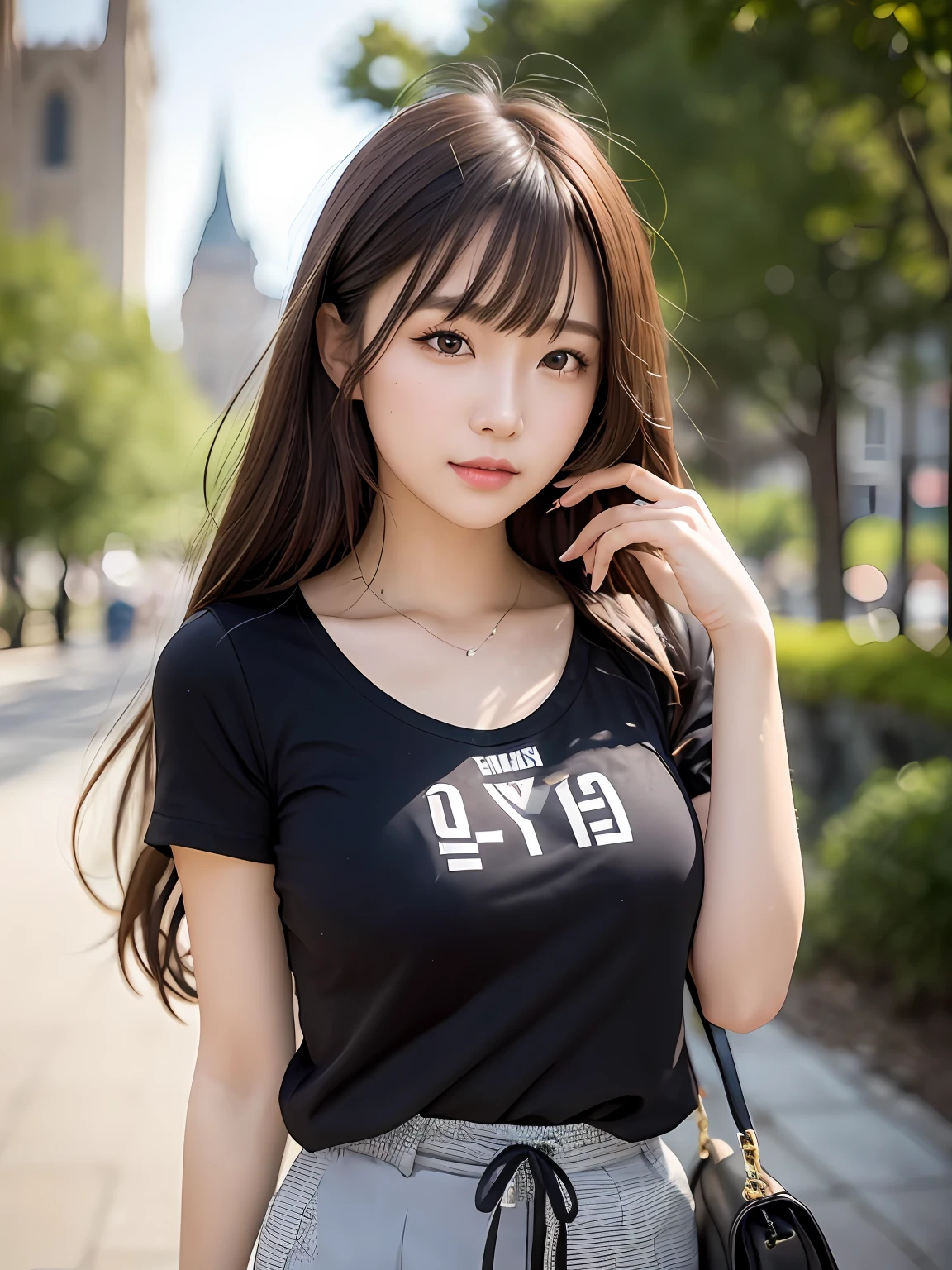 product quality, 1 girl per 1 photo, cowboy shot, front view, a Japanese young pretty girl, long bob hair, wearing a marriage ring, standing in a suburban park with big smiling, a large cathedral in the background, a shoulder bag, wearing a short sleeves black T-shirt with a graphic printed, wearing light brown medium length pants, hyper cute face, glossy lips, double eyelids for both eyes, natural makeup, shiny smooth light brown hair of long bob hair, asymmetrical bangs, tanned skin, central image, 8K resolution, high detail, detailed hairstyle, detailed face, cinematic lighting, octane rendering, hyper realistic, perfect limbs, perfect anatomy