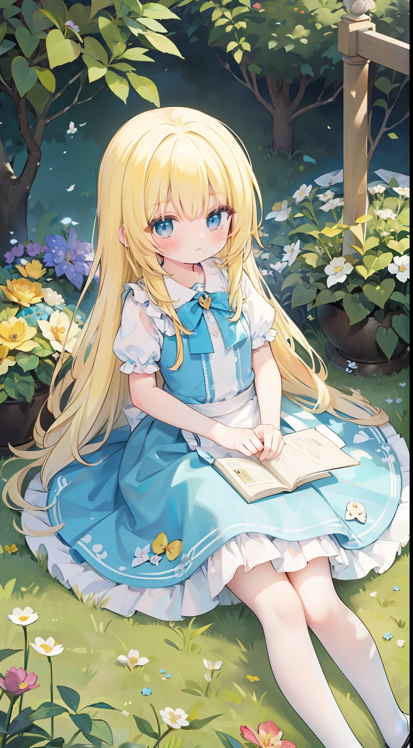 alice in the wonderland、yellow hair、light blue eyes、cute little、Wavy Hair、Alice in Wonderland Costume、Flower Garden