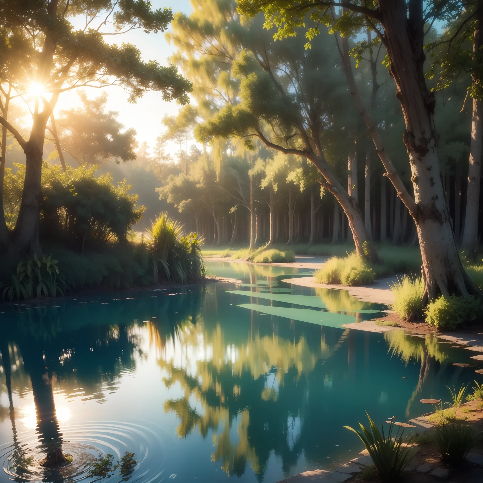 Enchanted lagoon in the afternoon with the sun reflecting on the water in a swamp